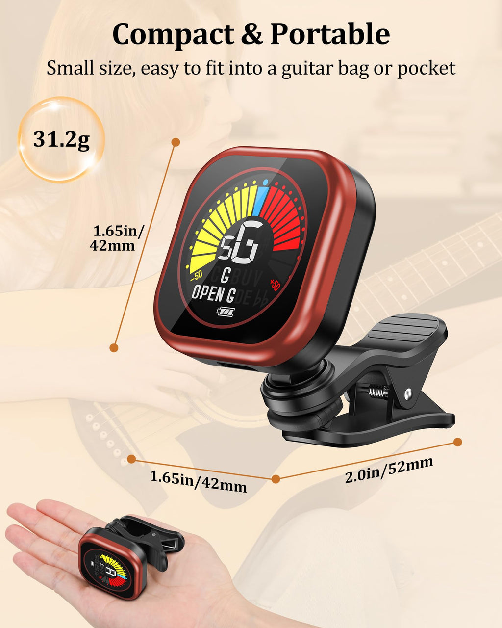 New Bee Guitar Tuner Clip-On Rechargeable with Color Screen 360° Rotatable Acoustic Chromatic Open Tuning for Guitar, Bass, Ukulele, Violin, Cello(Black, 1 Pack)