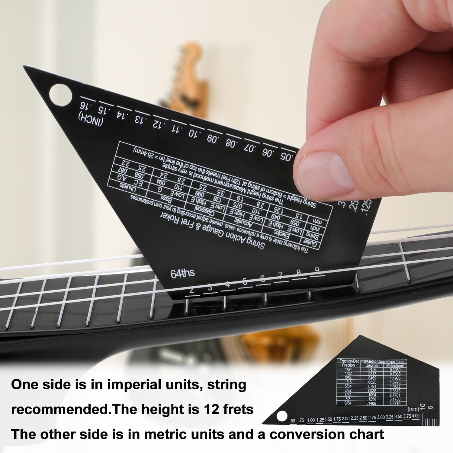 Guitar String Spacing Action Gauge, High Precision Sliding Pentatonic Scale Fret Rocker with Metric & Conversion Charts String Height Ruler Fret Leveling Tool for Luthier 1mm Thickness