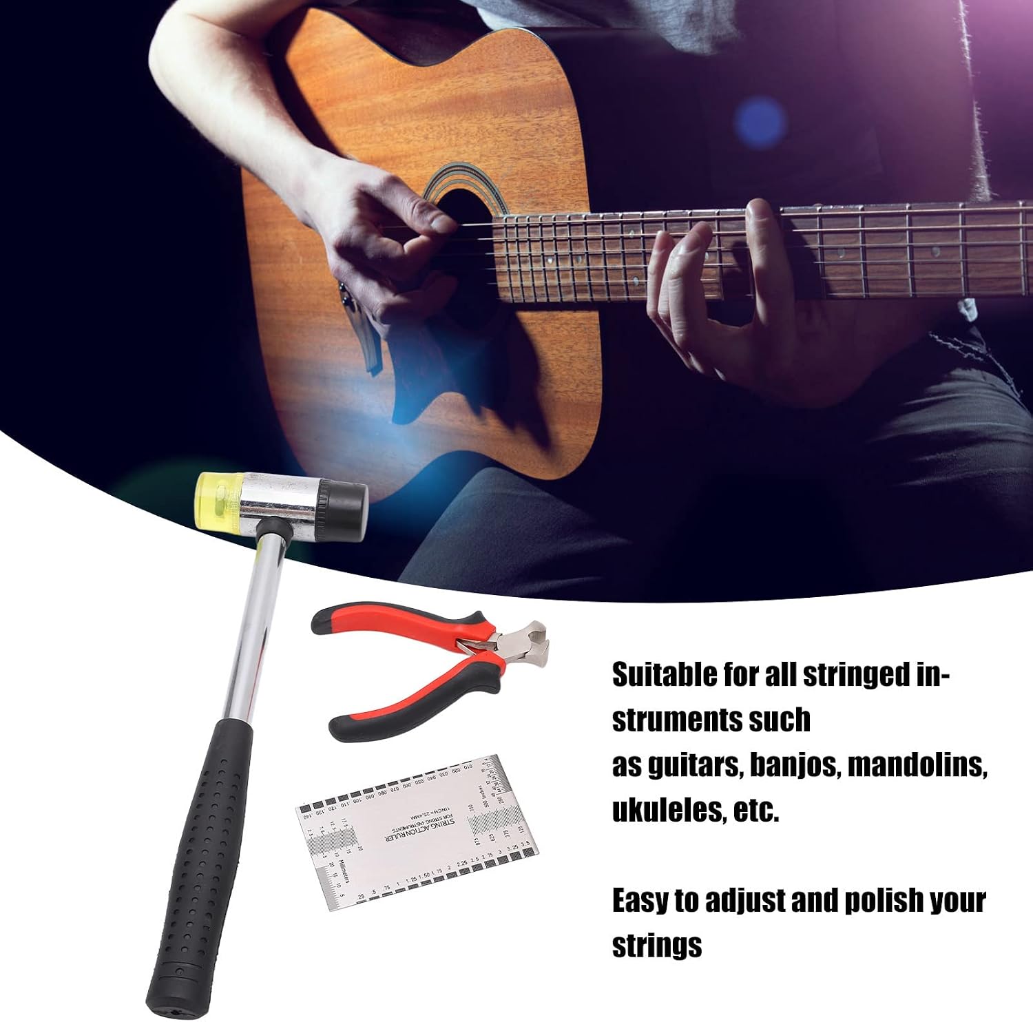 Guitar Hammer Plier String Action Ruler Gauge Set Robust Metal Guitar Repairing Maintenance Tool Kit