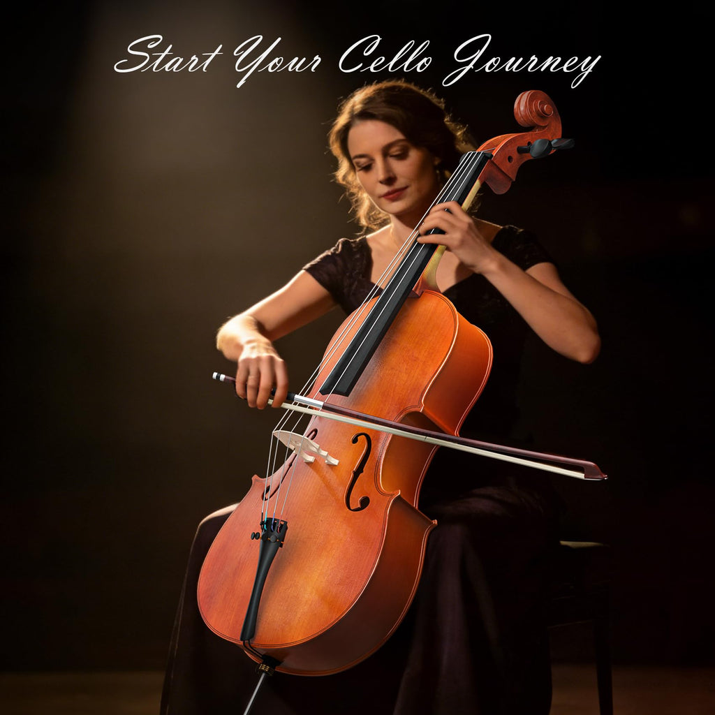 Full Size Cello Kit, Acoustic Cello Instrument for Adults,Beginners,Students,Complete Cello 4/4 Set with Portable Bag, Bow, Rosin (Black)