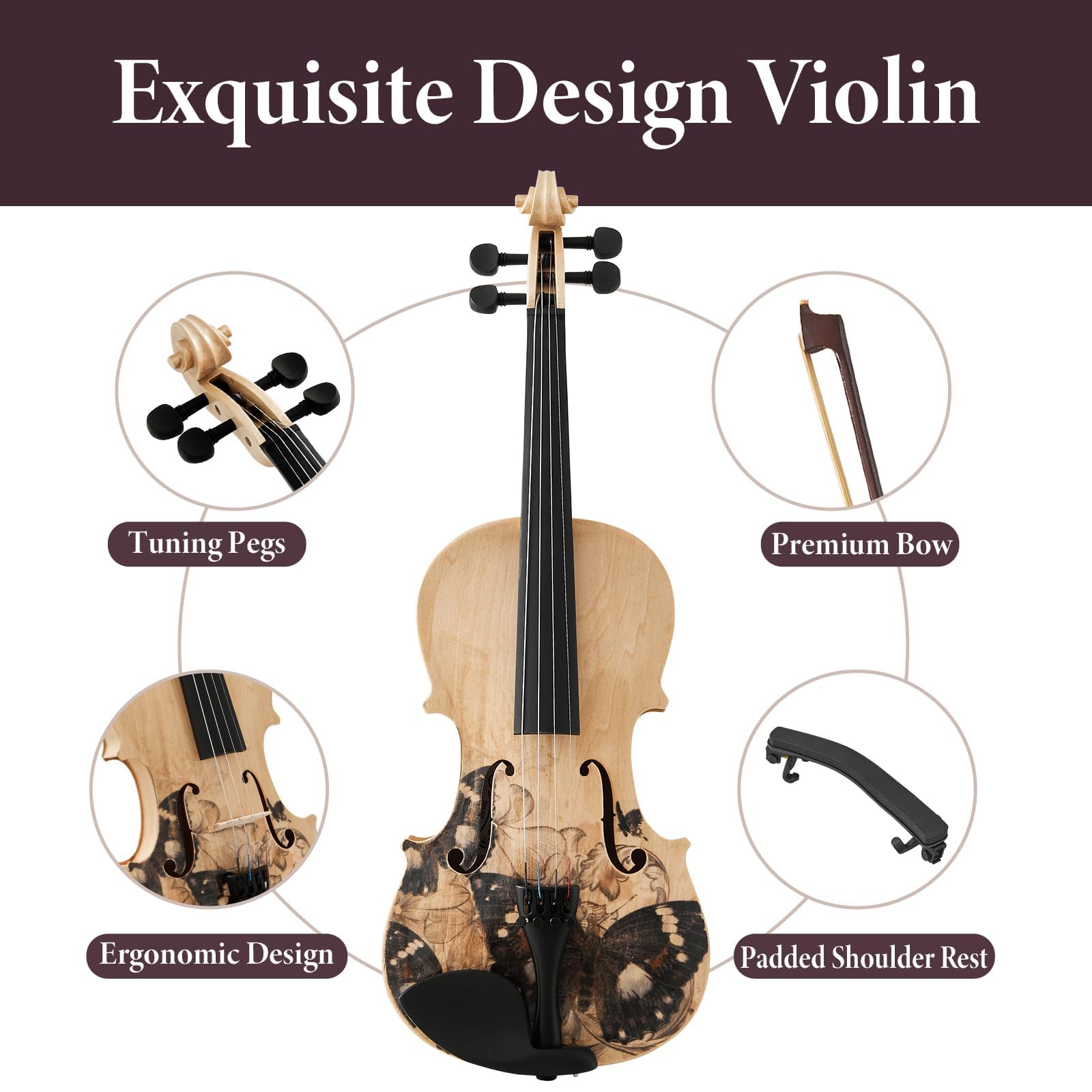 Beginner Violin 4/4, Full Size Violin for Adults, Teens, Student, Acoustic Fiddle Kit with Hard Case,Tuner,Mute,Shoulder Rest,Extra Strings,Cleaning Cloth,Learners Age 12+ (Reddish Brown)