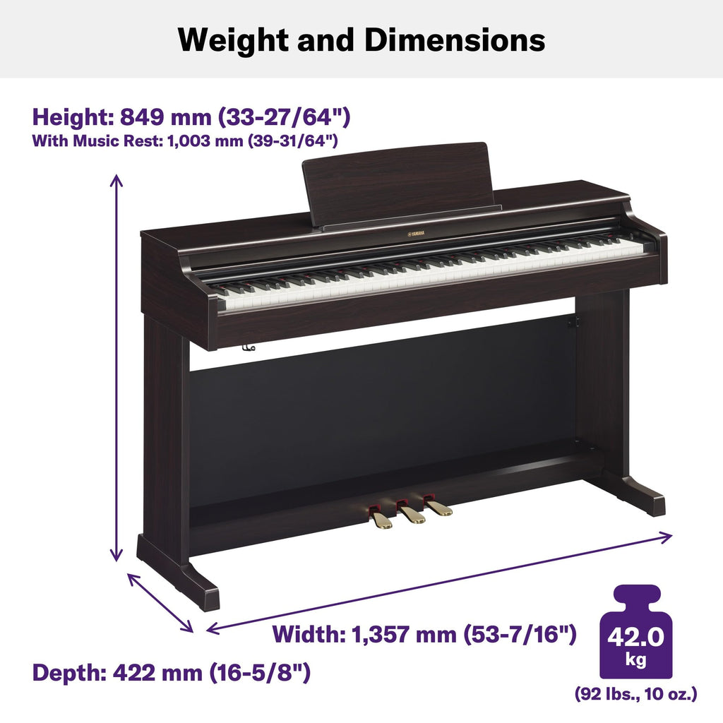 Yamaha Arius Series 88-Key Weighted Action Upright Digital Piano for Beginner and Intermediate Players, Dynamic Response, Grand Piano Sound, 3-pedal Unit, Bench Included, Rosewood YDP105R