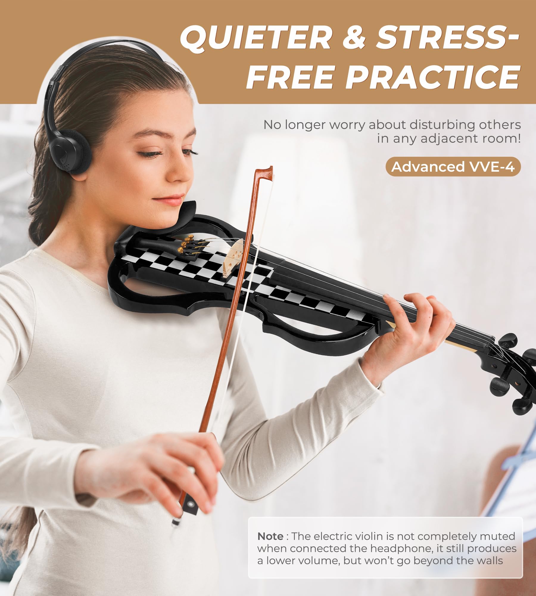 Vangoa Electric Violin Full Size 4/4, Black Silent Electric Violin, Solid Wood Metallic Electric Fiddle with Ebony Fittings, Beginner Kit for Adults Teens
