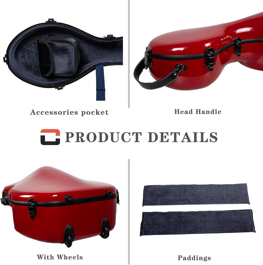 Crossrock Fiberglass 4/4 Cello Case with Wheels | Red Finish, Grey Velvet Interior, Combo Lock, Padded Music Pouch, 3 Handles – Full Size Hardshell (CRF2020CEFRD)