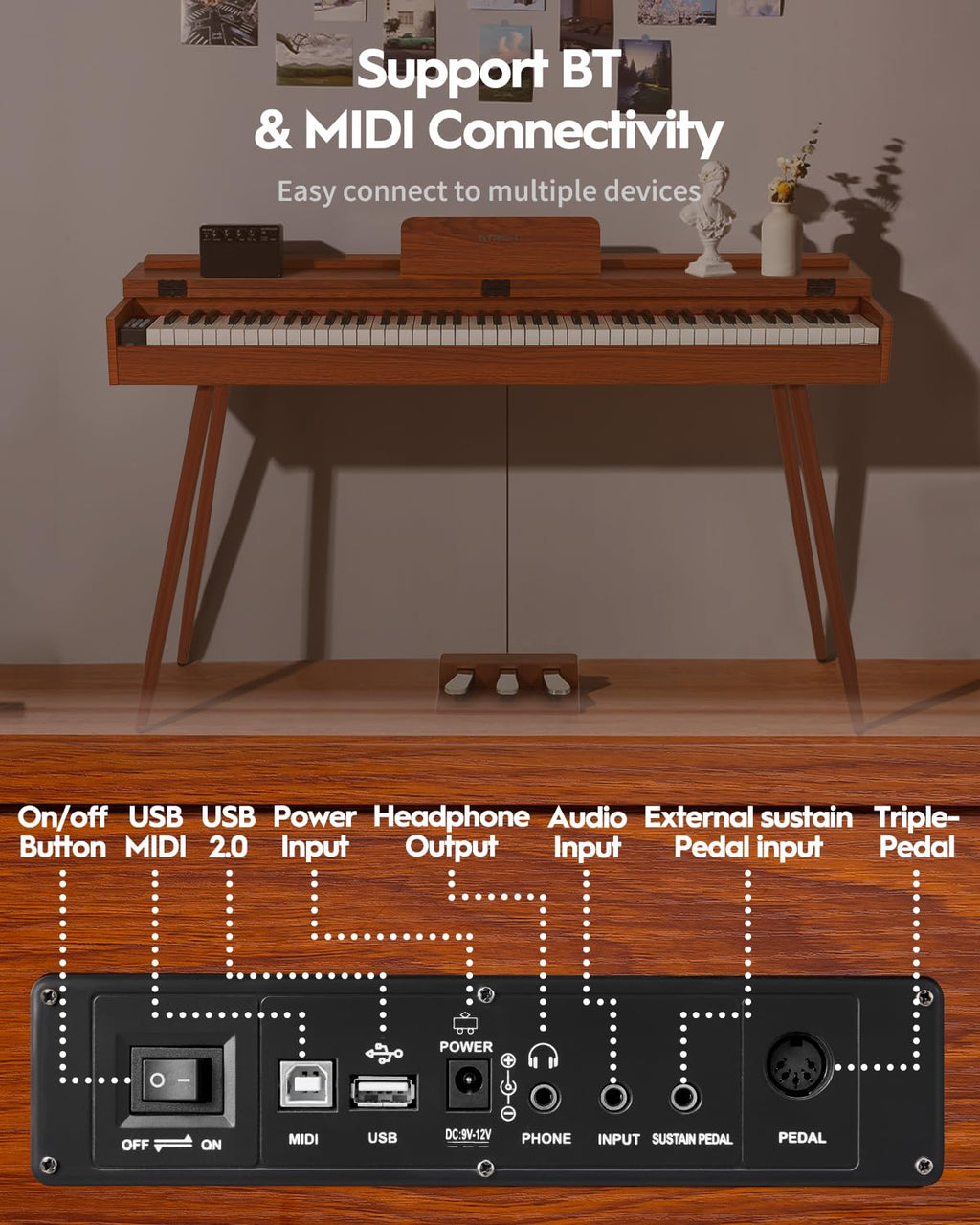 STRICH 88 Key Digital Piano, Hammer-Action Weighted Keyboard, Full Size Desk Cover Electric Piano Keyboard with Stand, 25Wx2 Speakers, Headphones, Three Pedal, SDP-350S(Color Mahogany)
