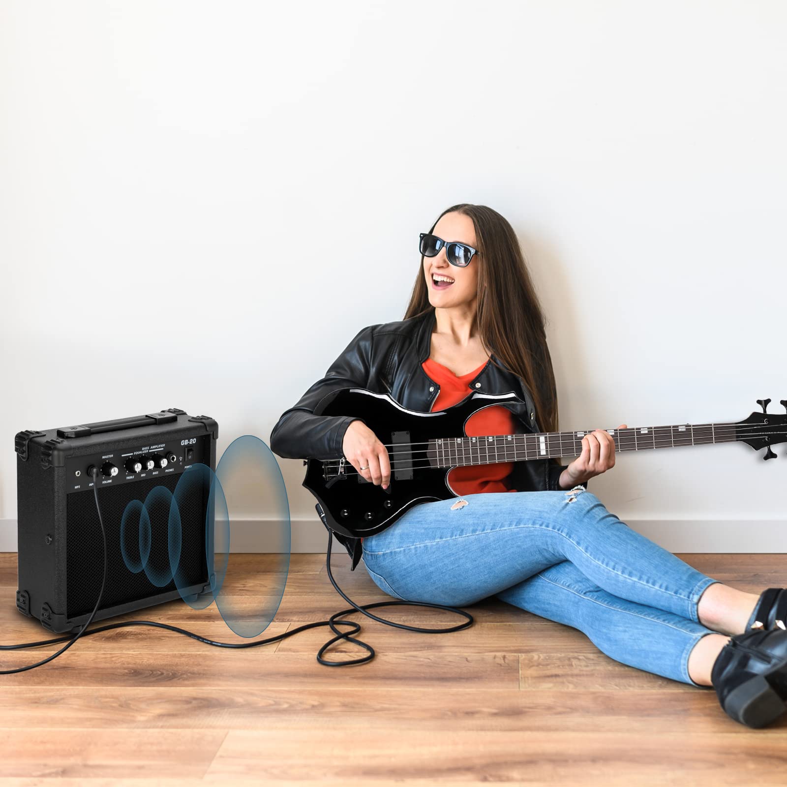 Ktaxon Electric Bass Guitar Full Size Flame Design Bass Set with 20 Watt Amplifier, Portable Bass Bag, Superior Amp Wire, Adjustable Guitar Strap, Plectrum, Wrench Tool(Matte Black)