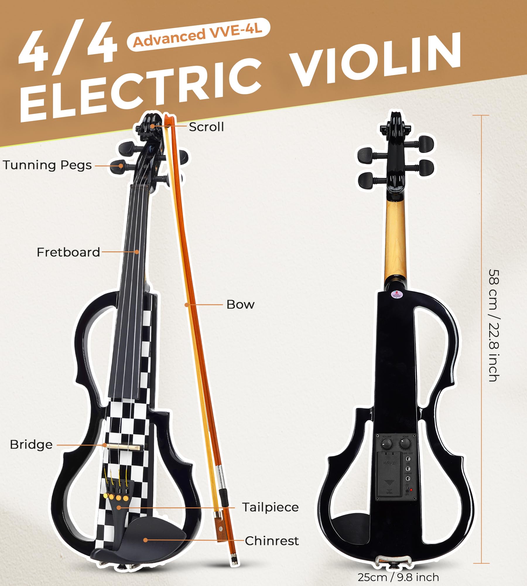 Vangoa Electric Violin Full Size 4/4, Black Silent Electric Violin, Solid Wood Metallic Electric Fiddle with Ebony Fittings, Beginner Kit for Adults Teens