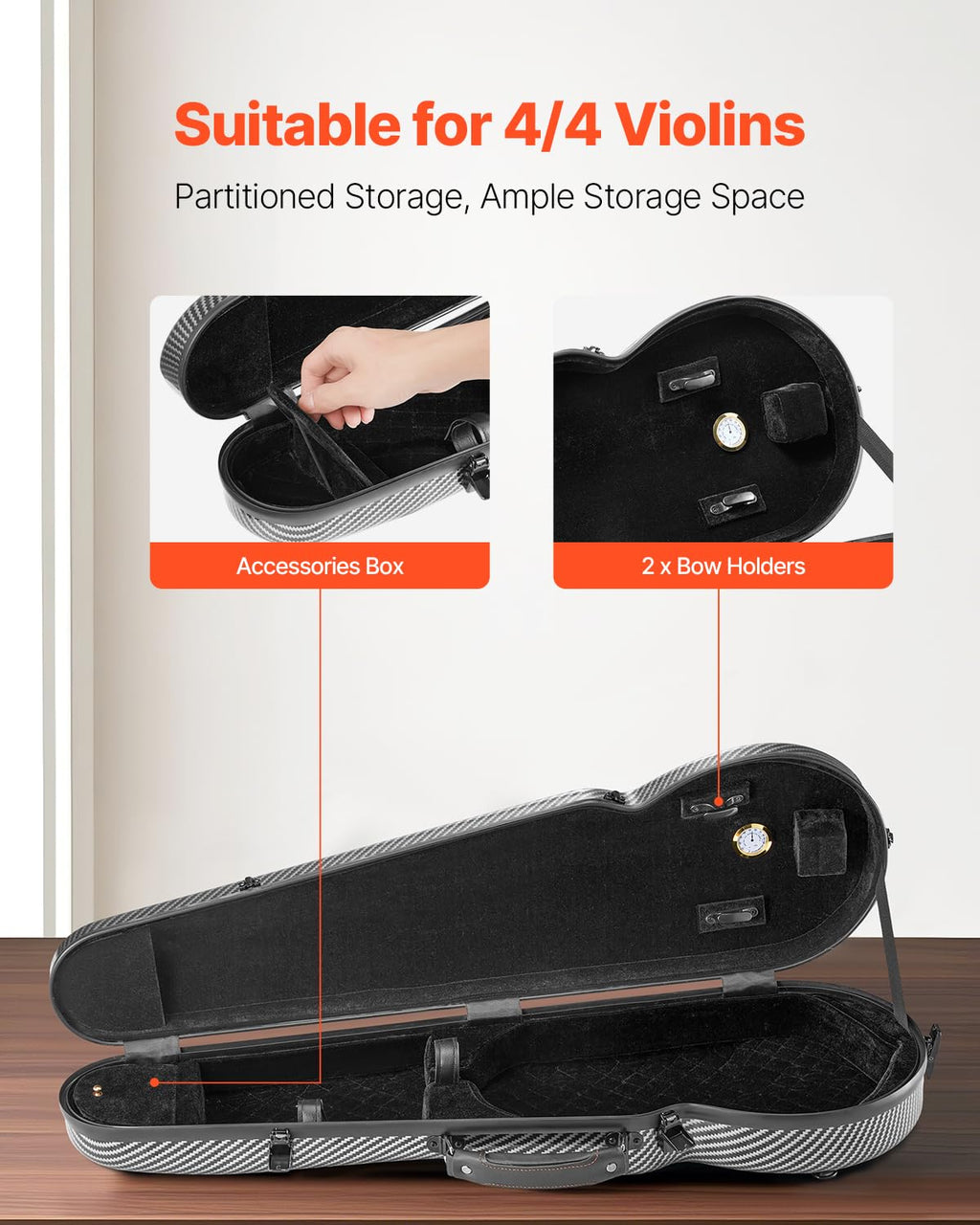 VEVOR 4/4 Full Size Violin Case, Built-in Hygrometer, Lightweight Portable Travel Carrying Bag, with Plush Lining, Dual Shoulder Straps, Anti-Scratch, Professional Triangular Shape, for Violin, Black