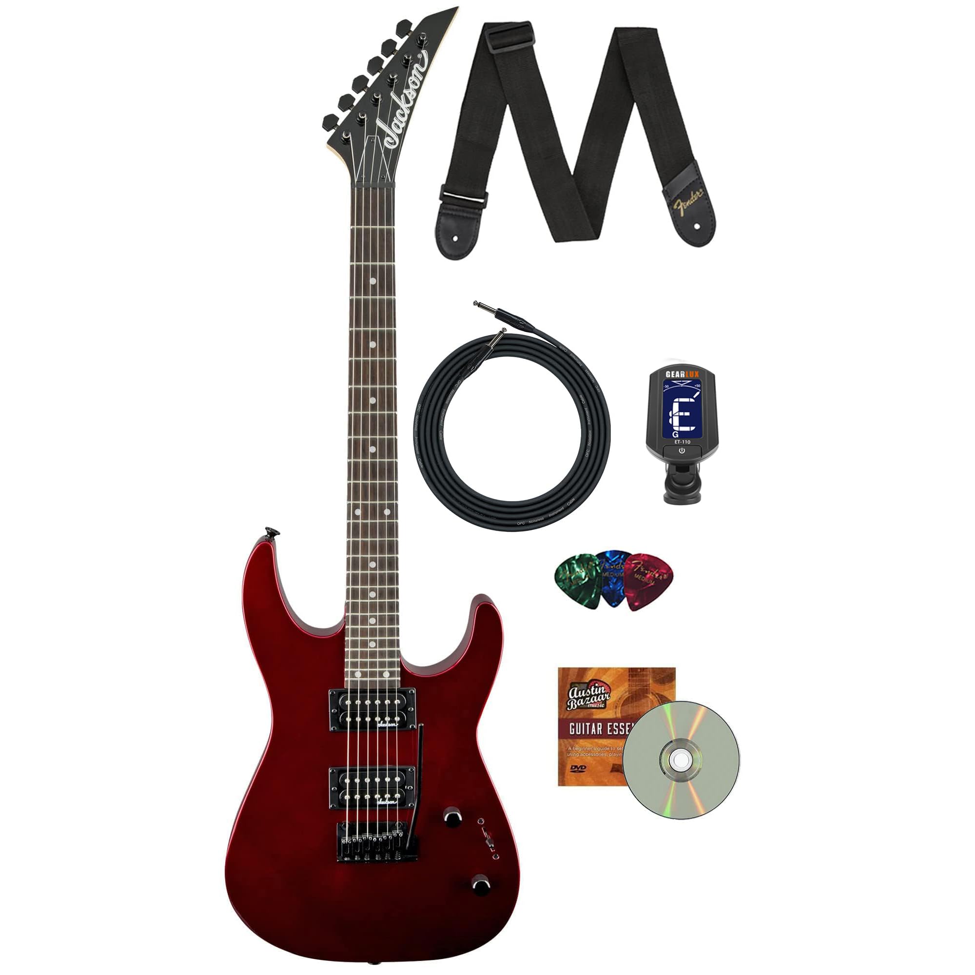 Jackson JS Series Dinky JS11 Electric Guitar - Metallic Red Bundle with Cable, Tuner, Strap, Picks, and Austin Bazaar Instructional DVD