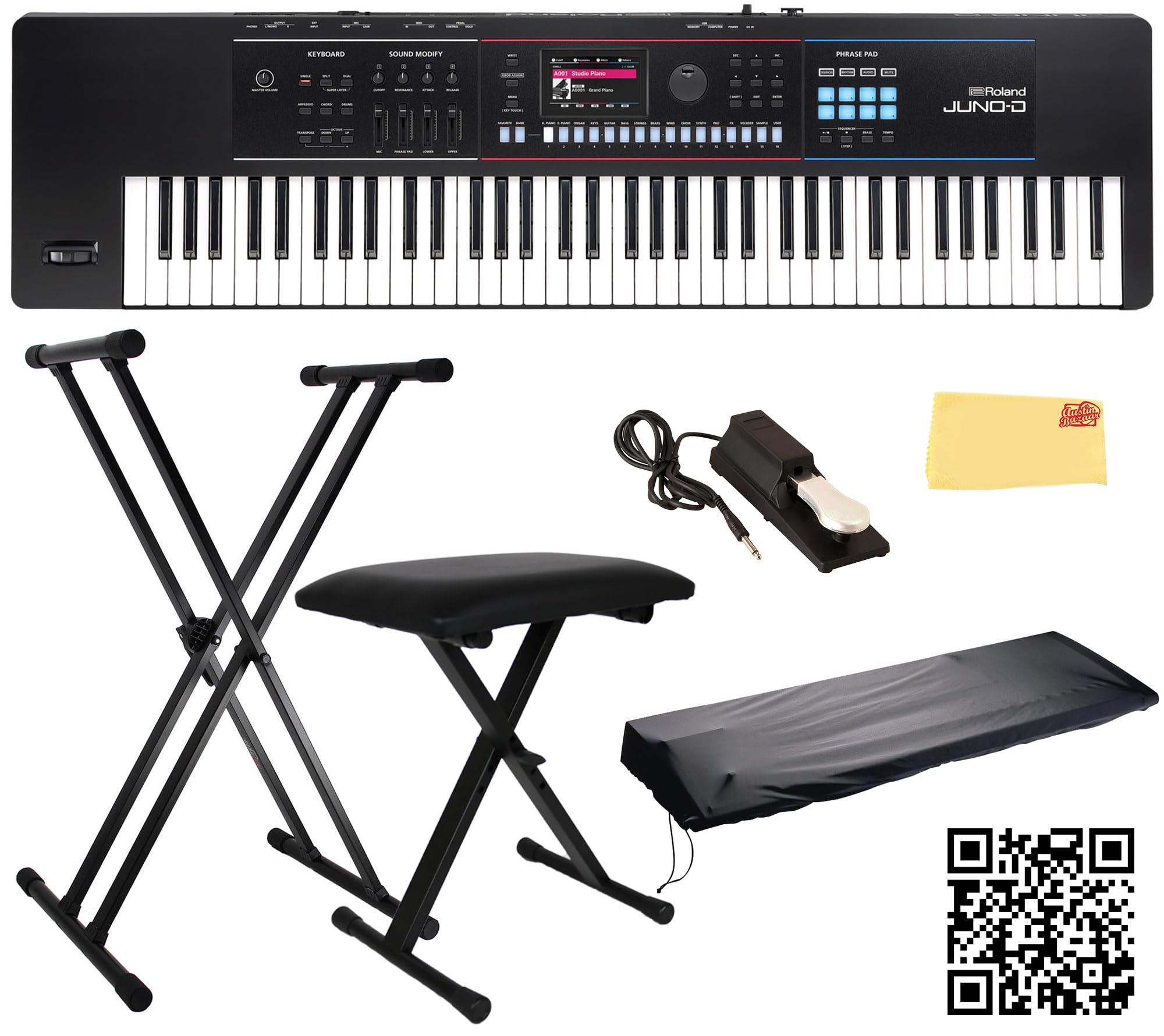 Roland JUNO-D8 Synthesizer Bundle with Adjustable Stand, Bench, Sustain Pedal, Cover, Austin Bazaar Instructional Video, and Polishing Cloth