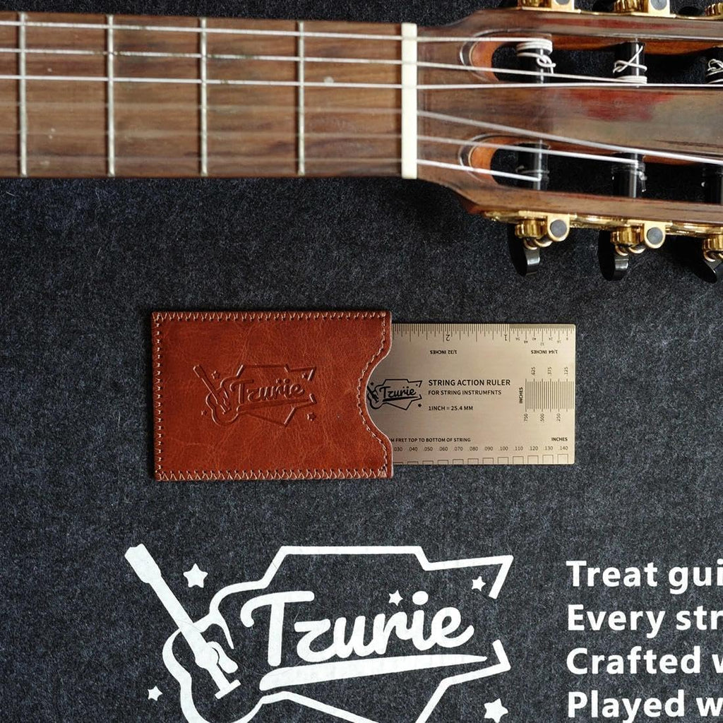 Guitar String Action Gauge, Stainless Steel Pocket Size Tool with Travel Case, for Measuring Guitar String Height Gauge Ruler (Brown)