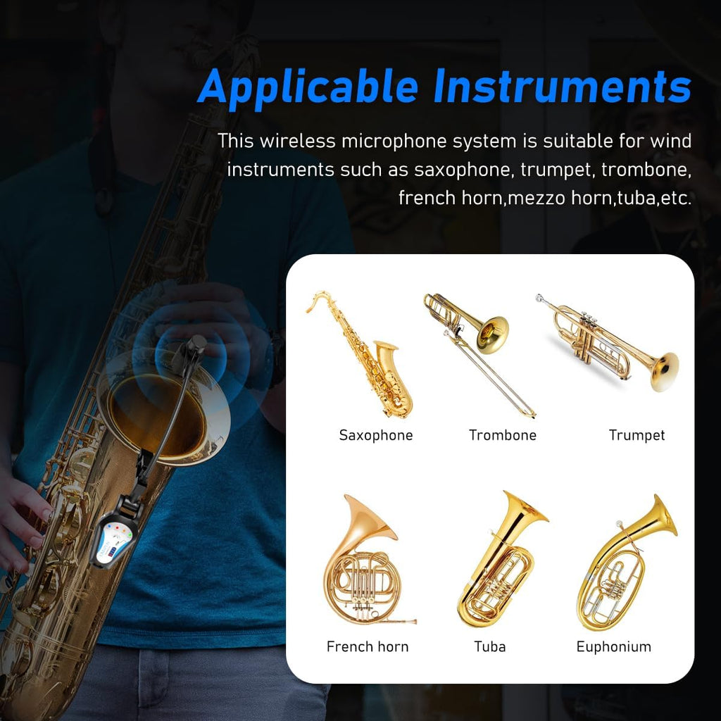 KIMAFUN 2.4G Wireless Saxophone Microphone, Clip-on Instrument Microphone, 100ft Range, Plug and Play, Wireless Transmitter & Receiver for Saxophone, French Horn, Trumpet, Trombone, G120