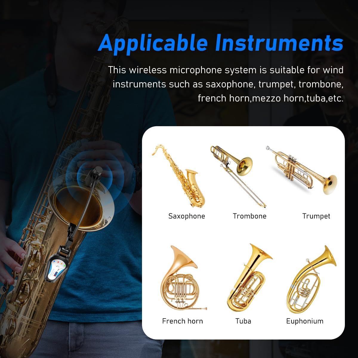 KIMAFUN 2.4G Wireless Saxophone Microphone, Clip-on Instrument Microphone, 100ft Range, Plug and Play, Wireless Transmitter & Receiver for Saxophone, French Horn, Trumpet, Trombone, G120