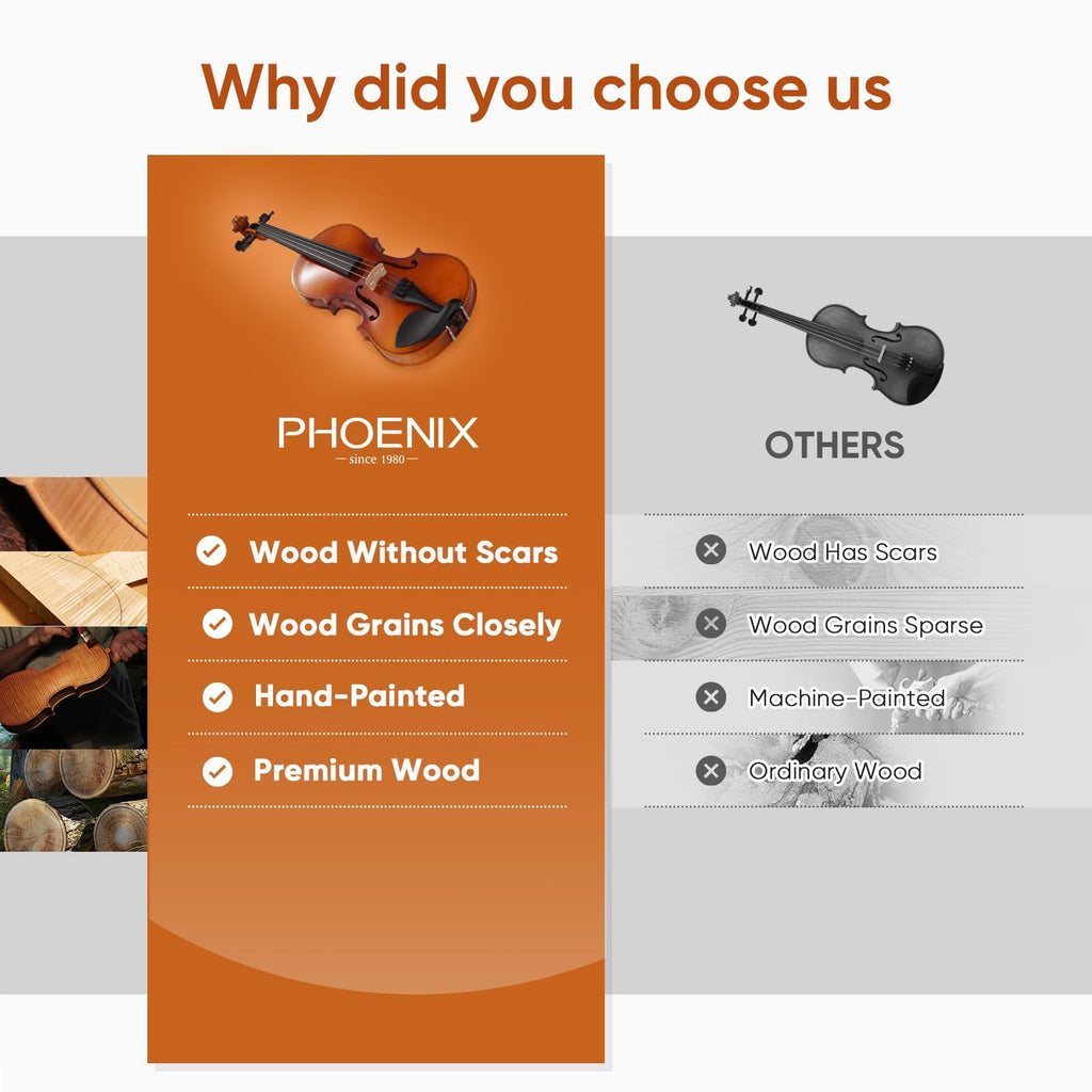 PHOENIX Violin 4/4 Full Size Kit, Violin Fiddle Set for Beginner Adults with Rosewood Bow Extra Strings & Bridge (Entry-level, Full)