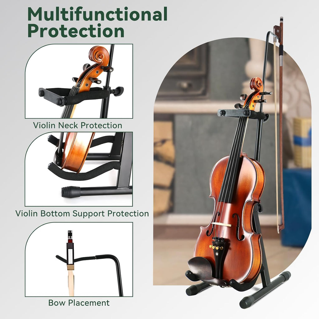 ROWELL Violin Stand Violin Stands with Bow Holder Foldable Portable Viola Stand Height Adjustable Violin Stand with Head Protection Lock &Anti-slip Foot Covers (Black)