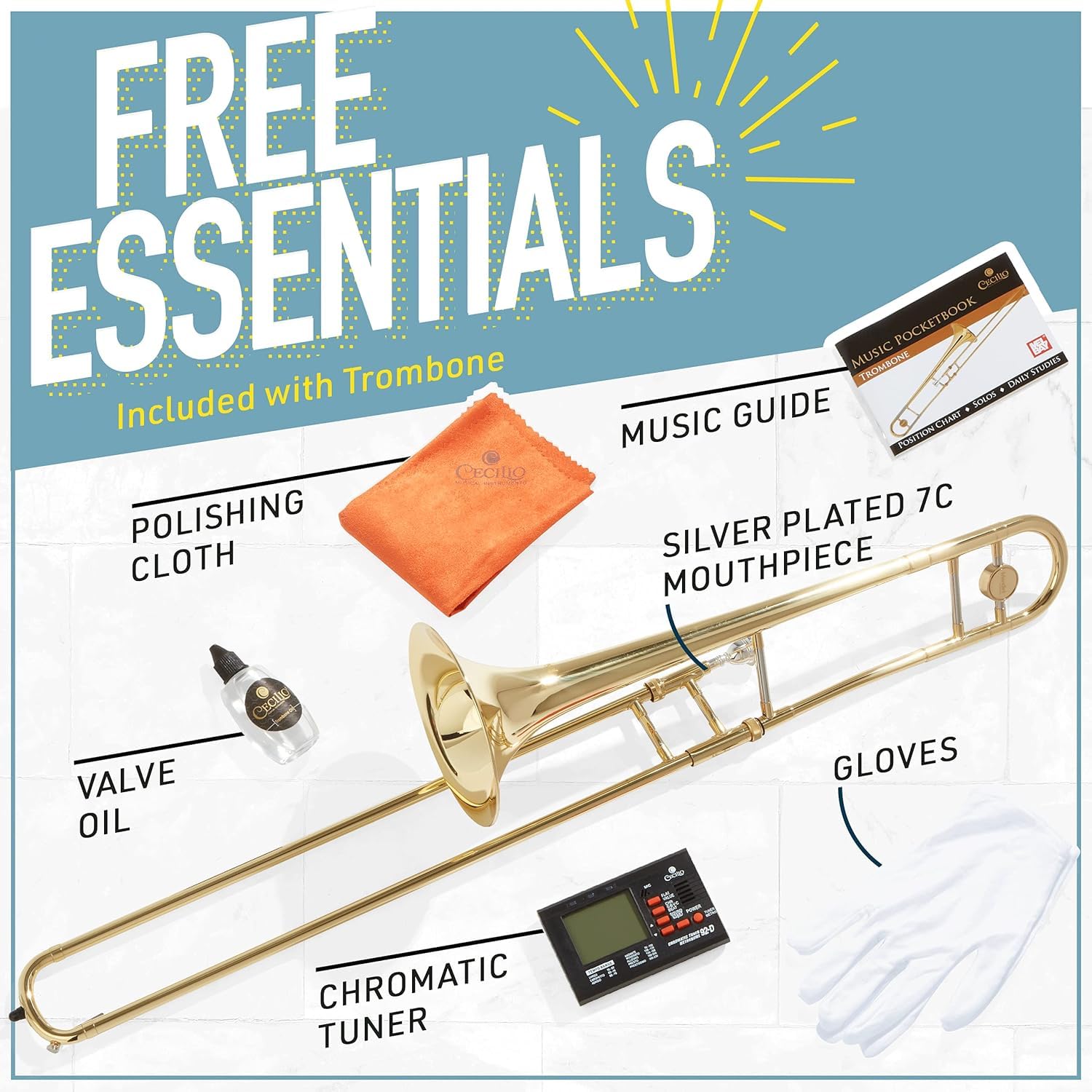 Mendini by Cecilio Bb Tenor Slide Trombone for Beginners - B Flat Brass Plated Trombone Instrument with Tuner, Music Book, Hard Case, Mouthpiece, Cleaning Kit & Gloves (Gold)
