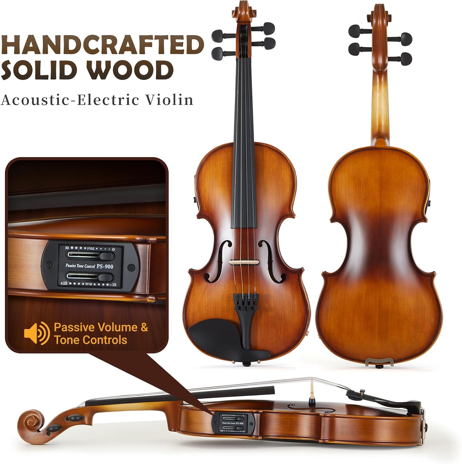 4/4 Acoustic Electric Violin for Amplifier Use - Natural Tone, Solid Spruce Top & Maple Back, Carbon Fiber Tailpiece, Ebony Fittings, Starter Kit for Beginners