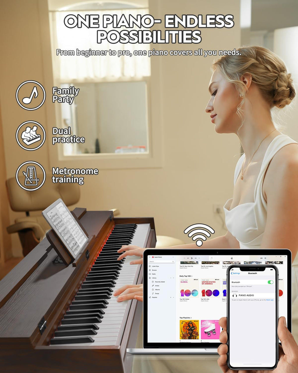 STRICH Digital Piano 88 Keys, Hammer-Action Weighted Keyboard, Full size Electric Piano Keyboard with Furniture Stand, 25Wx2 Speakers, Supports USB-MIDI/Wireless Connect, SDP-300W (Color Walnut Wood)