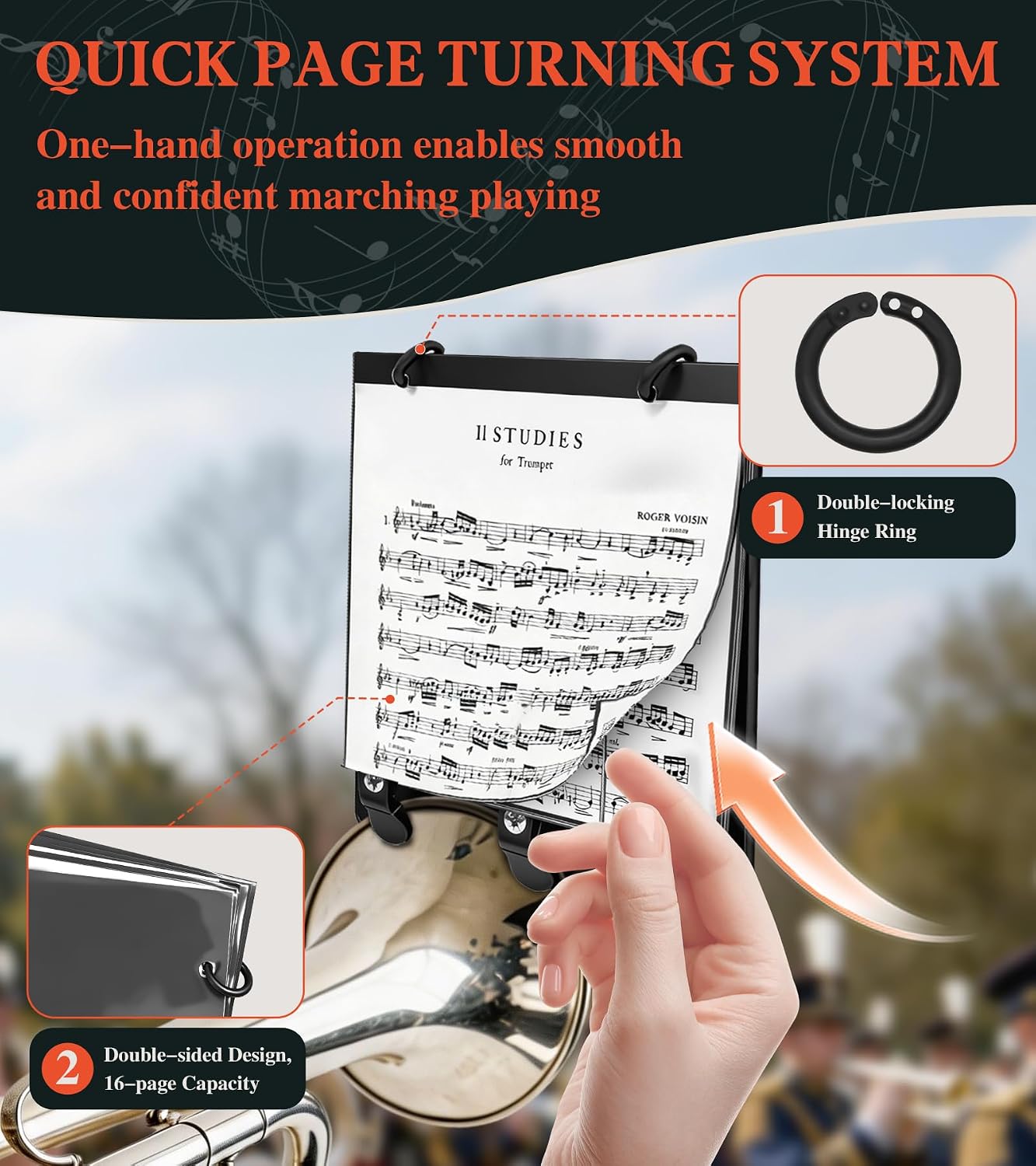 Marching Band, Flip Folio Folder for Flute,Trumpet,Trombone,Cornet Sheet Music Lyre for Brass Instruments,Lightweight ABS Music Folder,One-Handed Page Turning