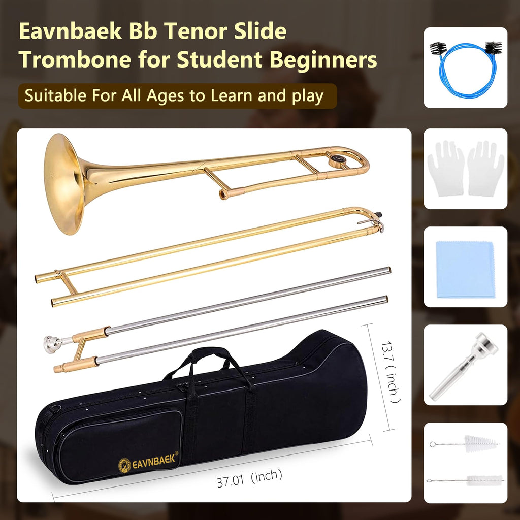 Eavnbaek Bb Tenor Slide Trombone for Students Beginners, B Flat Brass Plated Trombone Instrument with Hard Case Mouthpiece White Gloves and Cleaning Kit (Gold)