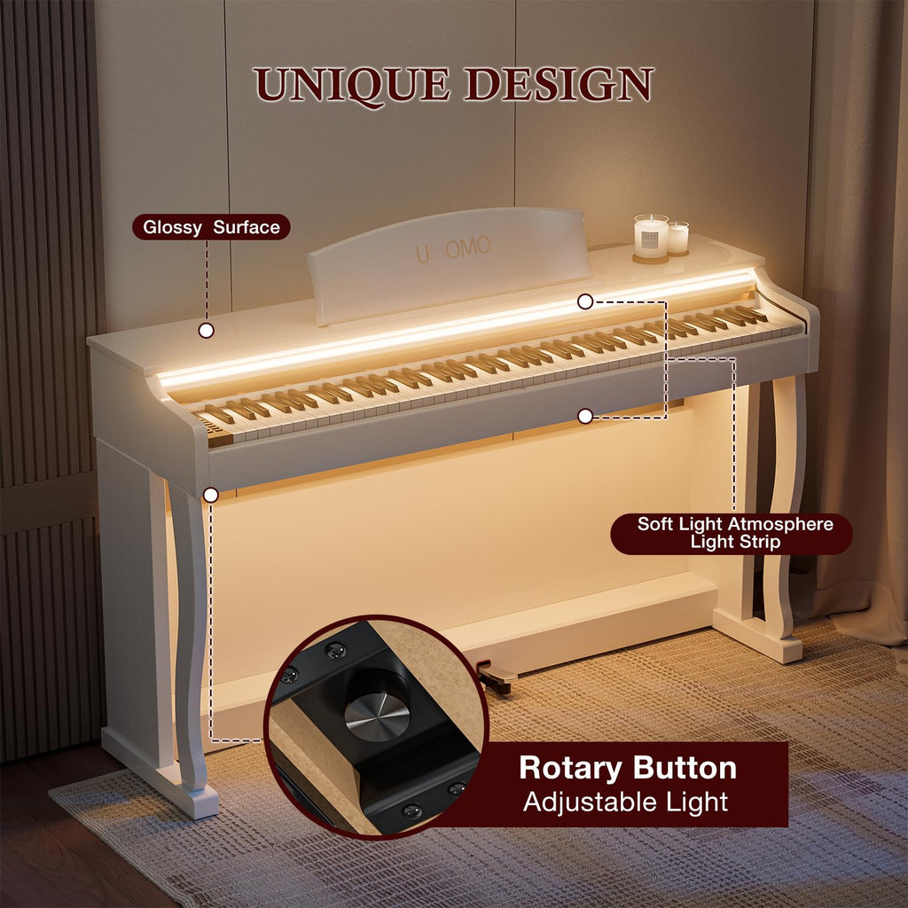 UMOMO 88- Key Weighted Hammer Action Digital Piano with Adjustable Light, Full-Size Electric Keyboard with Triple Pedals, Realistic Touch for Beginners & Intermediate Players Glossy Black