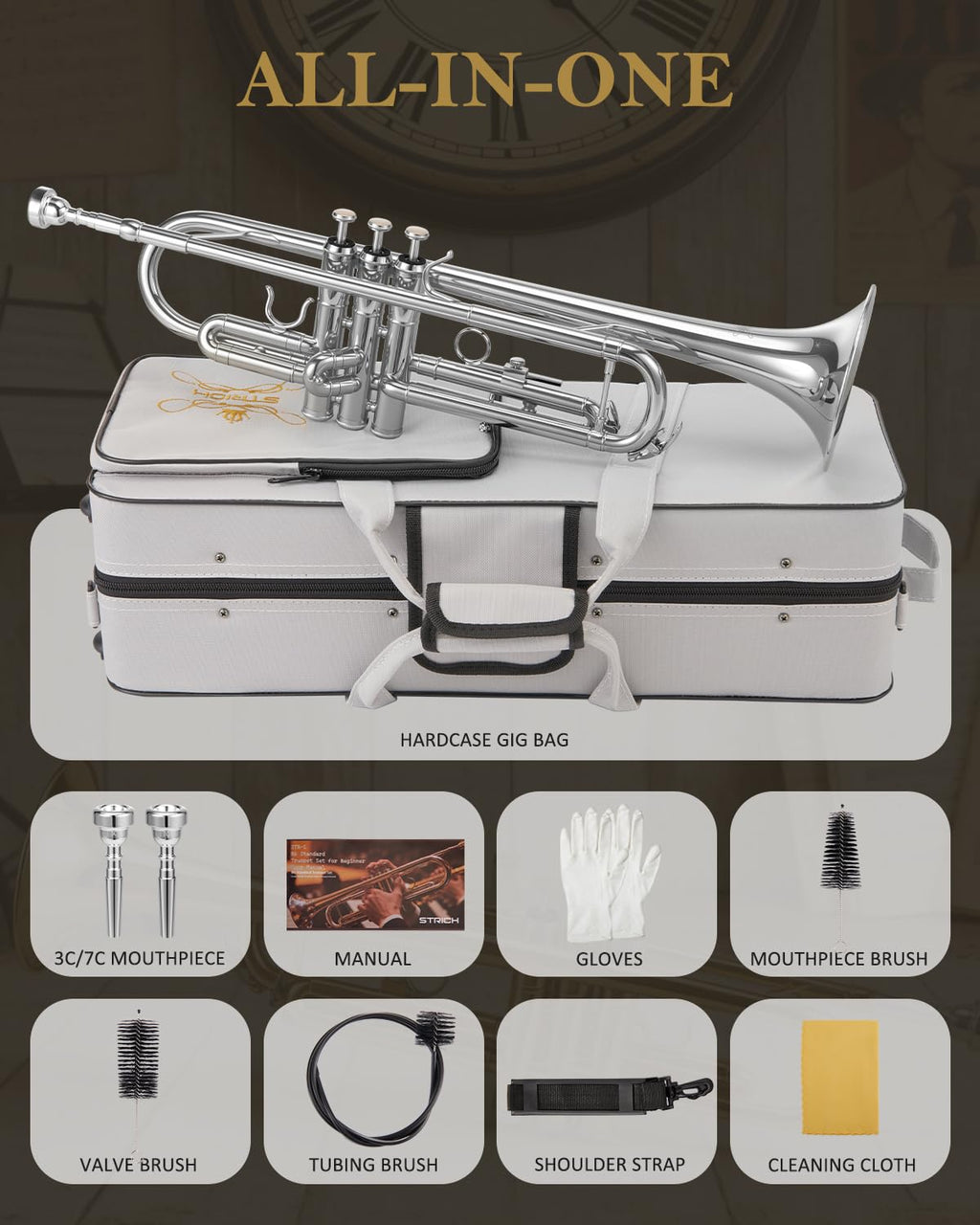 STRICH Bb Standard Trumpet Set for Beginners, Brass Student Trumpet Instrument with Hard Case, Cleaning Kit, 7C & 3C Mouthpieces, Gloves - STR-1G, Gold