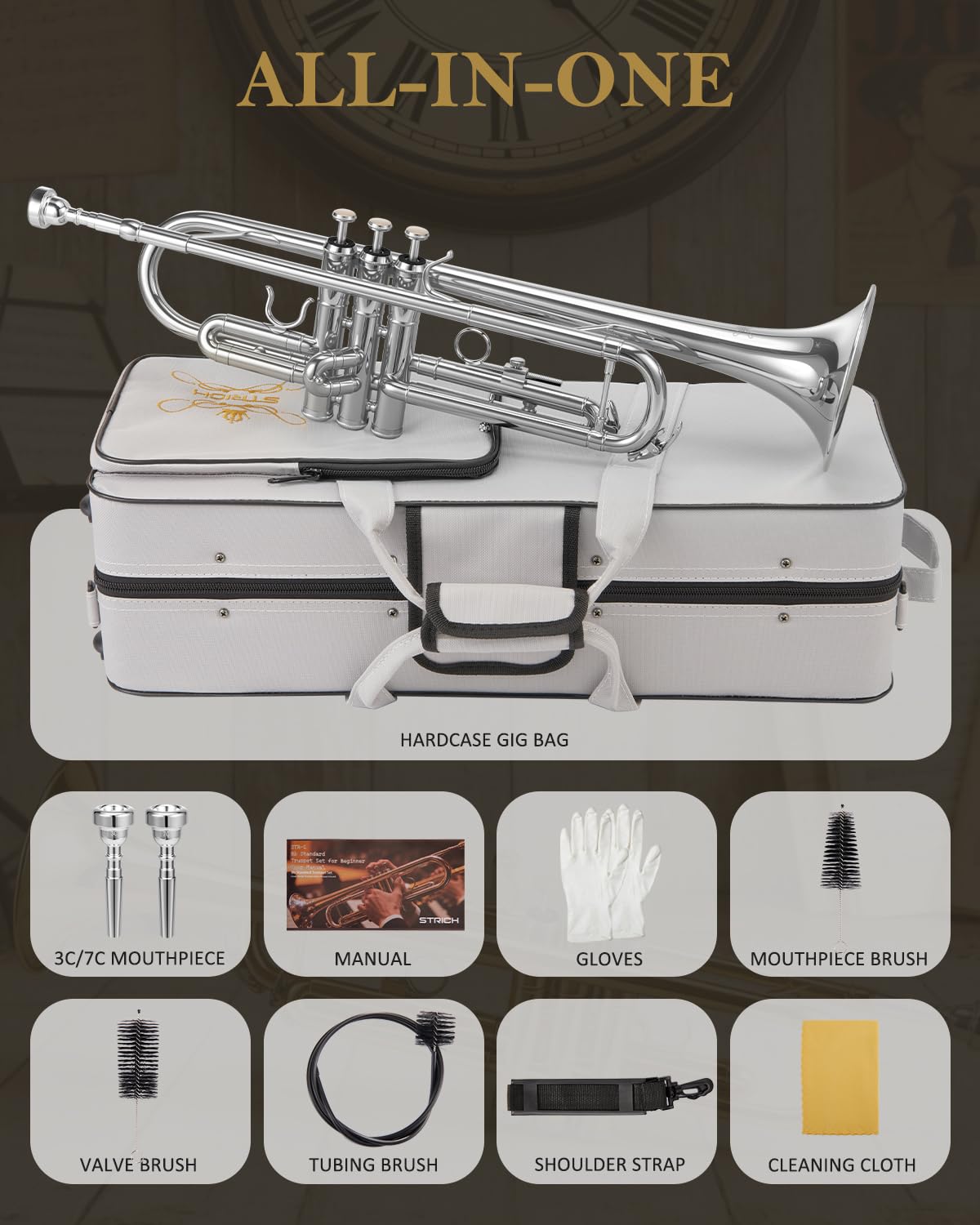 STRICH Bb Standard Trumpet Set for Beginners, Brass Student Trumpet Instrument with Hard Case, Cleaning Kit, 7C & 3C Mouthpieces, Gloves - STR-1G, Gold
