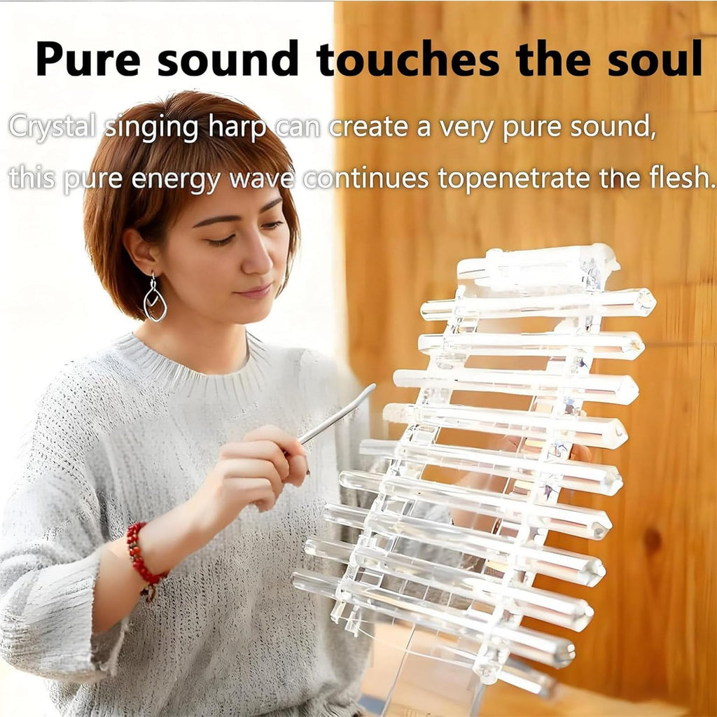 Hand Stand Quartz Crystal Singing Harp + Crystal Mallet and Aluminum Alloy Box, Healing Crystal Musical Instrument for Sound Bath Studio Gym Meditation Room A-432hz