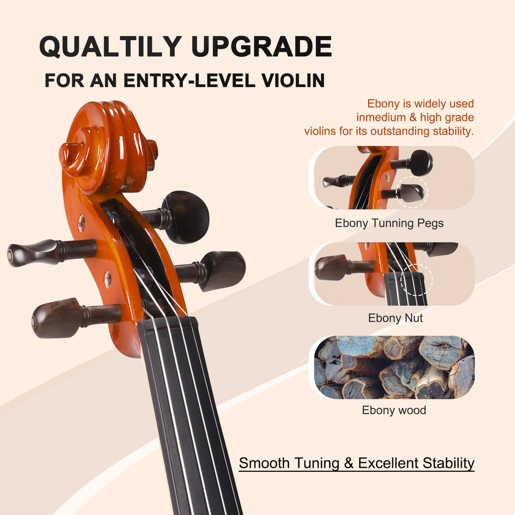 ADM Acoustic Violin for Beginner 4/4 Full Size Violin Set Solid Wood Ebony for Adult Teen Student Starter Kit with Hard Case, Shoulder Rest, Bow, Music Stand, Strings, Free Lessons (Sepia, 4/4 Size)