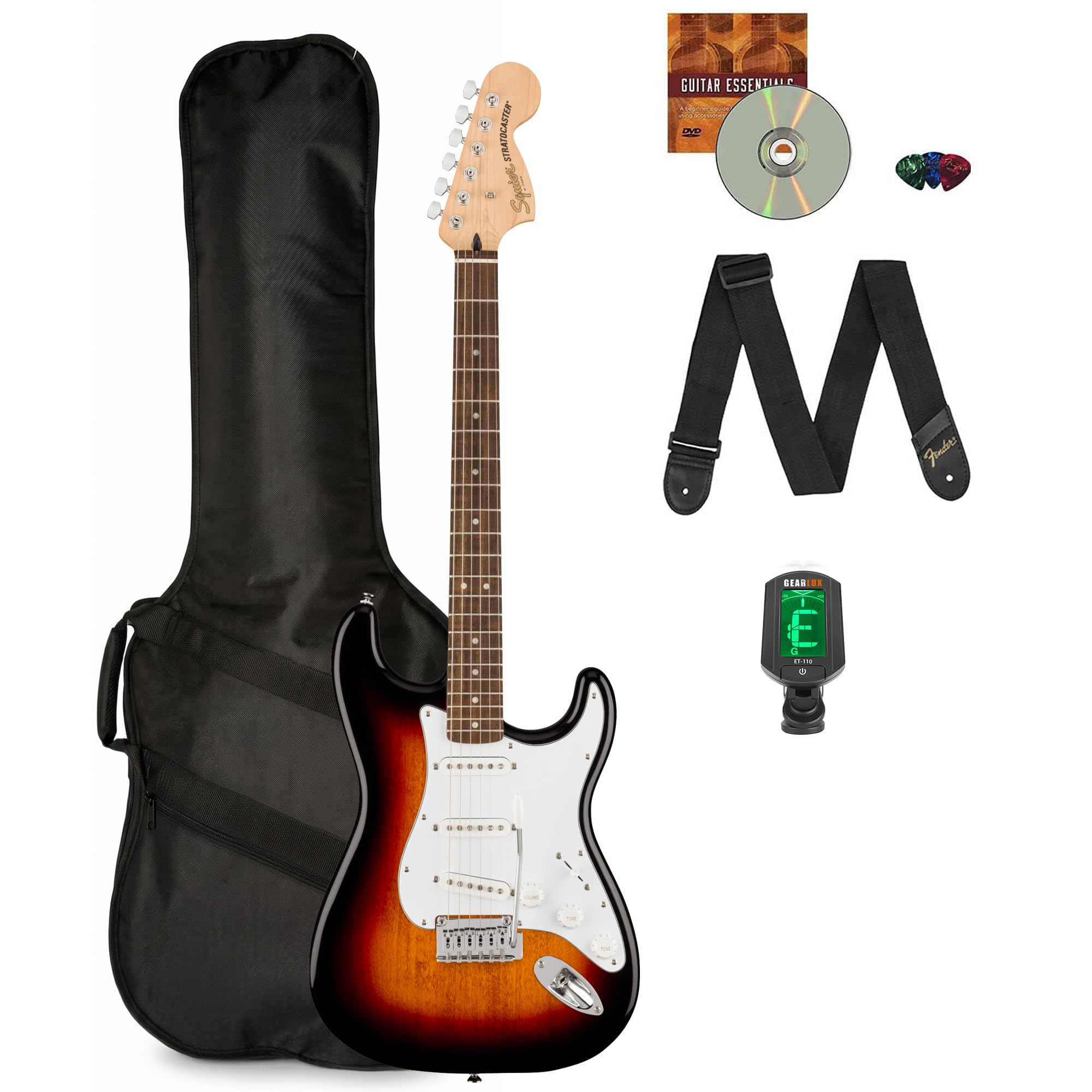 Fender Squier Affinity Stratocaster FMT HSS - Sienna Sunburst Bundle with Frontman 10G Amplifier, Gig Bag, Tuner, Instrument Cable, Strap, Picks, and Austin Bazaar Instructional DVD