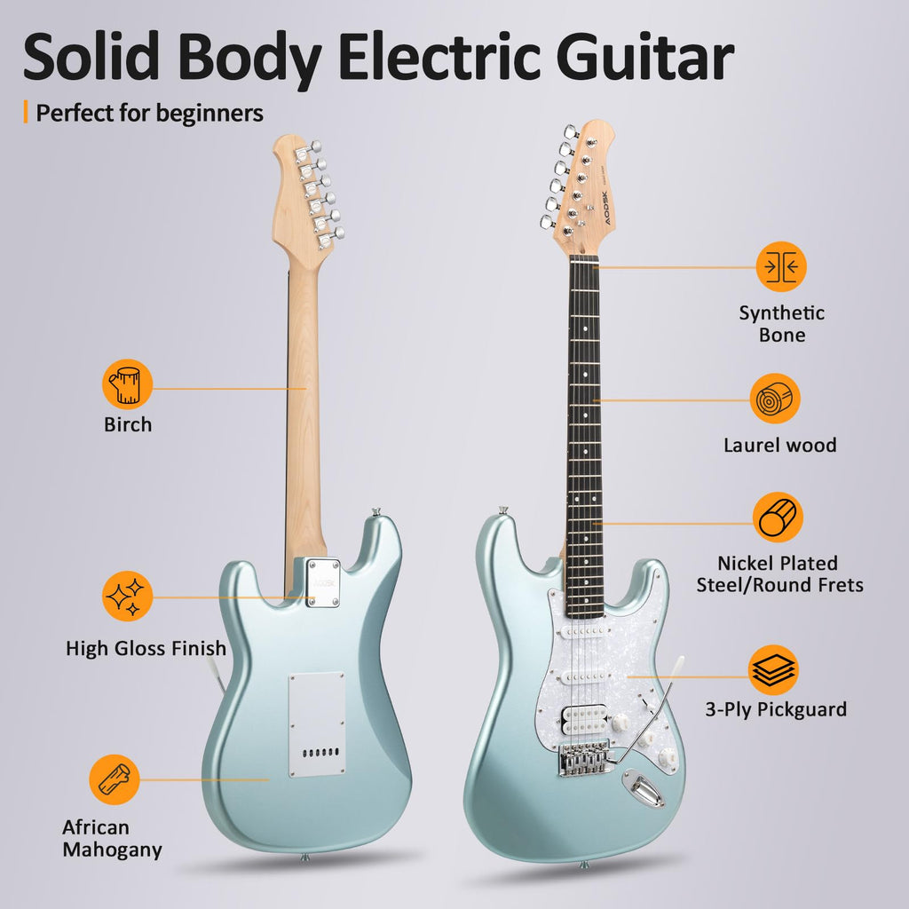 AODSK Electric Guitar with Amp Beginner Kit 39 Inch Solid Body Full Size,All Accessories,Digital Tuner,Six Strings,Four Picks,Tremolo Bar,Strap,Gig Bag,Starter kit (Blue-HSS)
