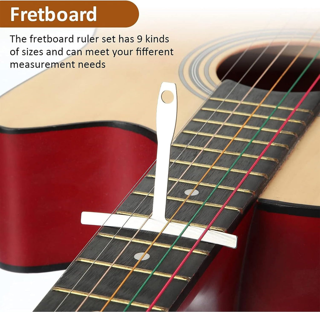 17 Pcs Guitar Luthier Tools Set Include 9 Understring Guitar Radius Gauge String Action Ruler 32 Blades Feeler Gauge Needle File Fingerboard Guards Grinding Stone with Bag for Bass Setup