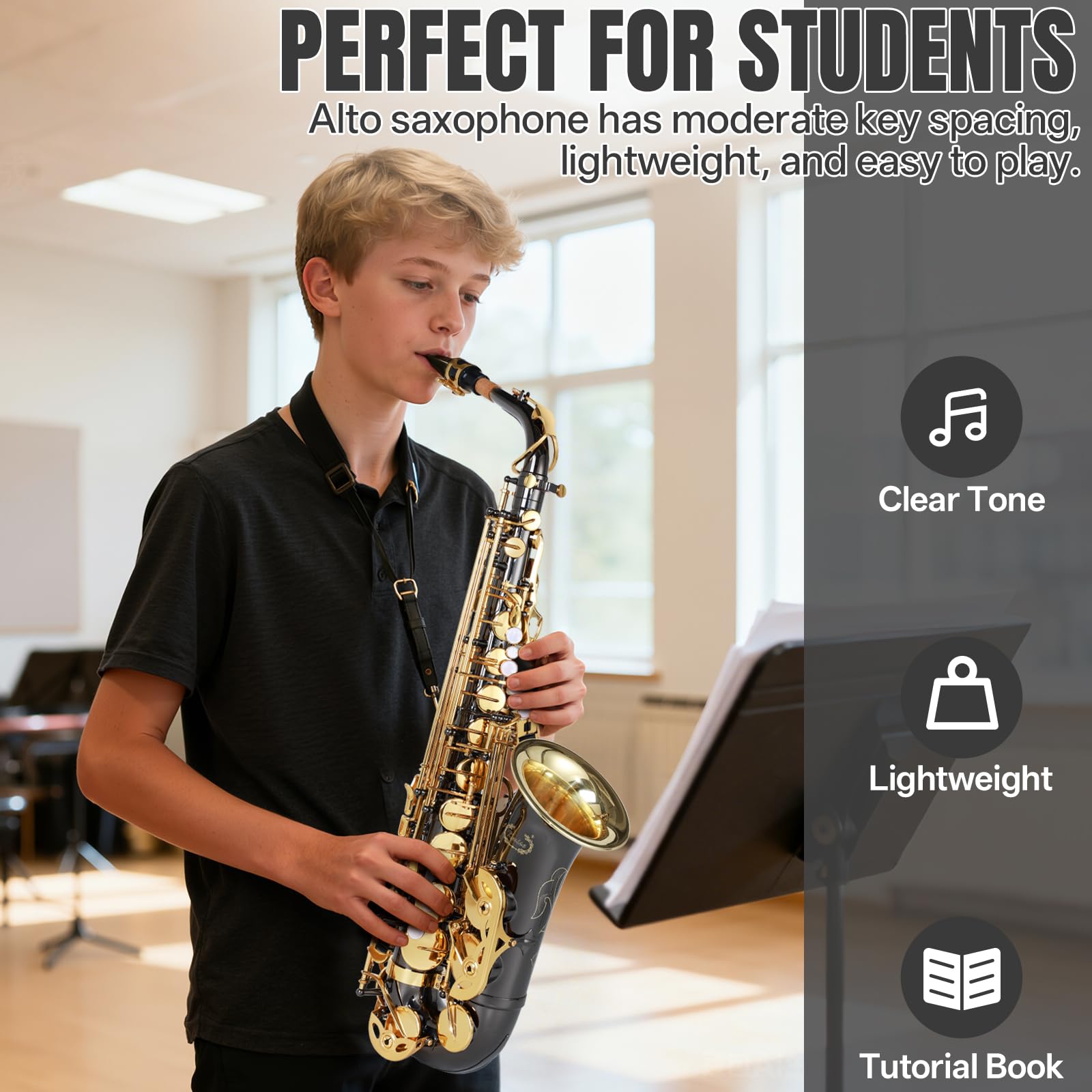 Kmise E Flat Alto Saxophone, Lightweight Saxophones for Students Beginner, Saxofon Full Kit with Portable Case, Sax Stand, Strap, Reeds, Beginner's Guides, Mute, Cleaning Kit (Gold Lacquer)