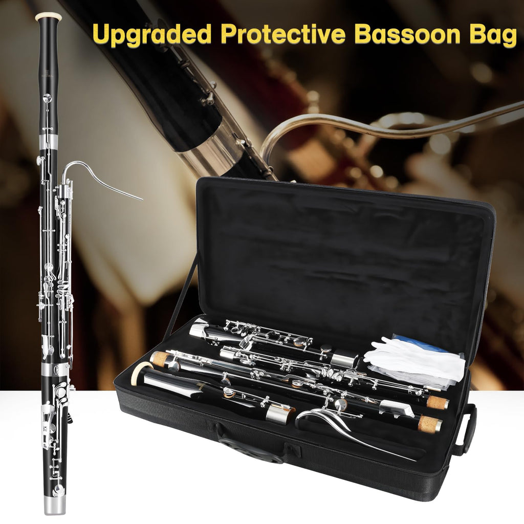 ROWELL Maple Bassoon C Key Bassoon with Self-Locking Mechanism 19 Keys Silver Plated Bassoons Instrument with Case and Care Kit, Ideal for School Band, Orchestra, and Home Practice Black
