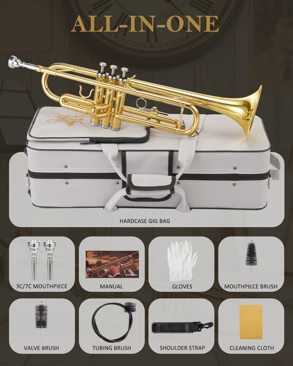 STRICH Bb Standard Trumpet Set for Beginners, Brass Student Trumpet Instrument with Hard Case, Cleaning Kit, 7C & 3C Mouthpieces, Gloves - STR-1G, Gold