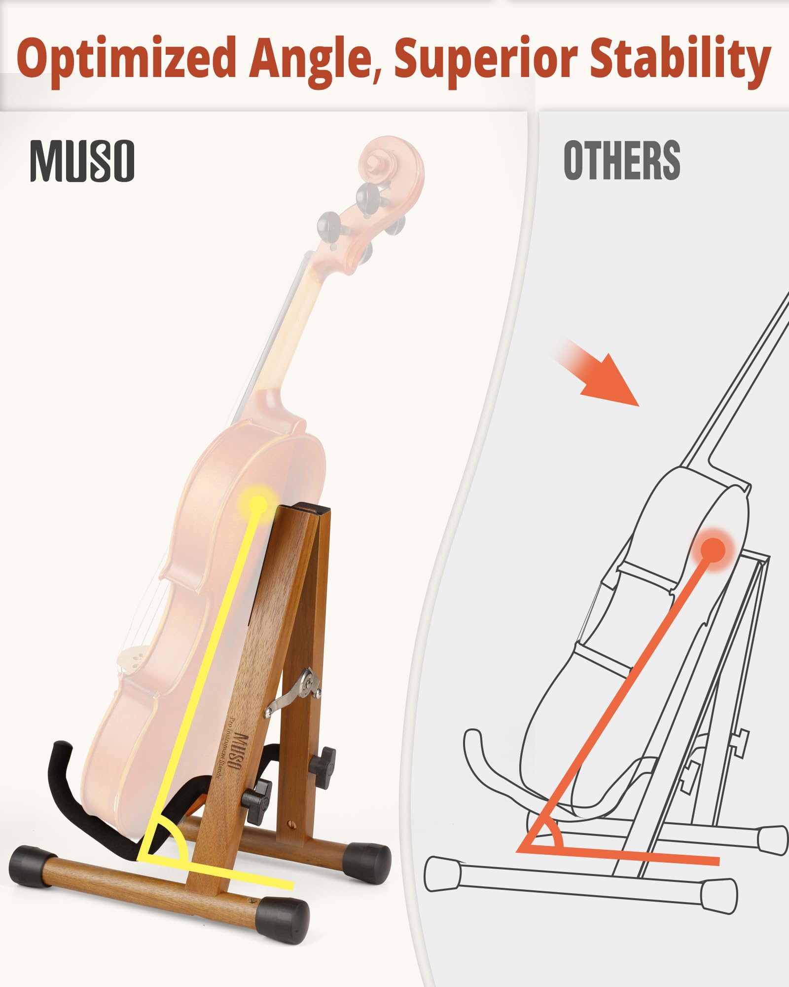 MUSO Cello Stand with Bow Holder,A-Frame Floor Stand with Padded Foam, Handcrafted Cello Rack Fits 1/2, 3/4, 7/8, 4/4 Full-Size and Guitar, Instrument Holder for Home and Studio Display