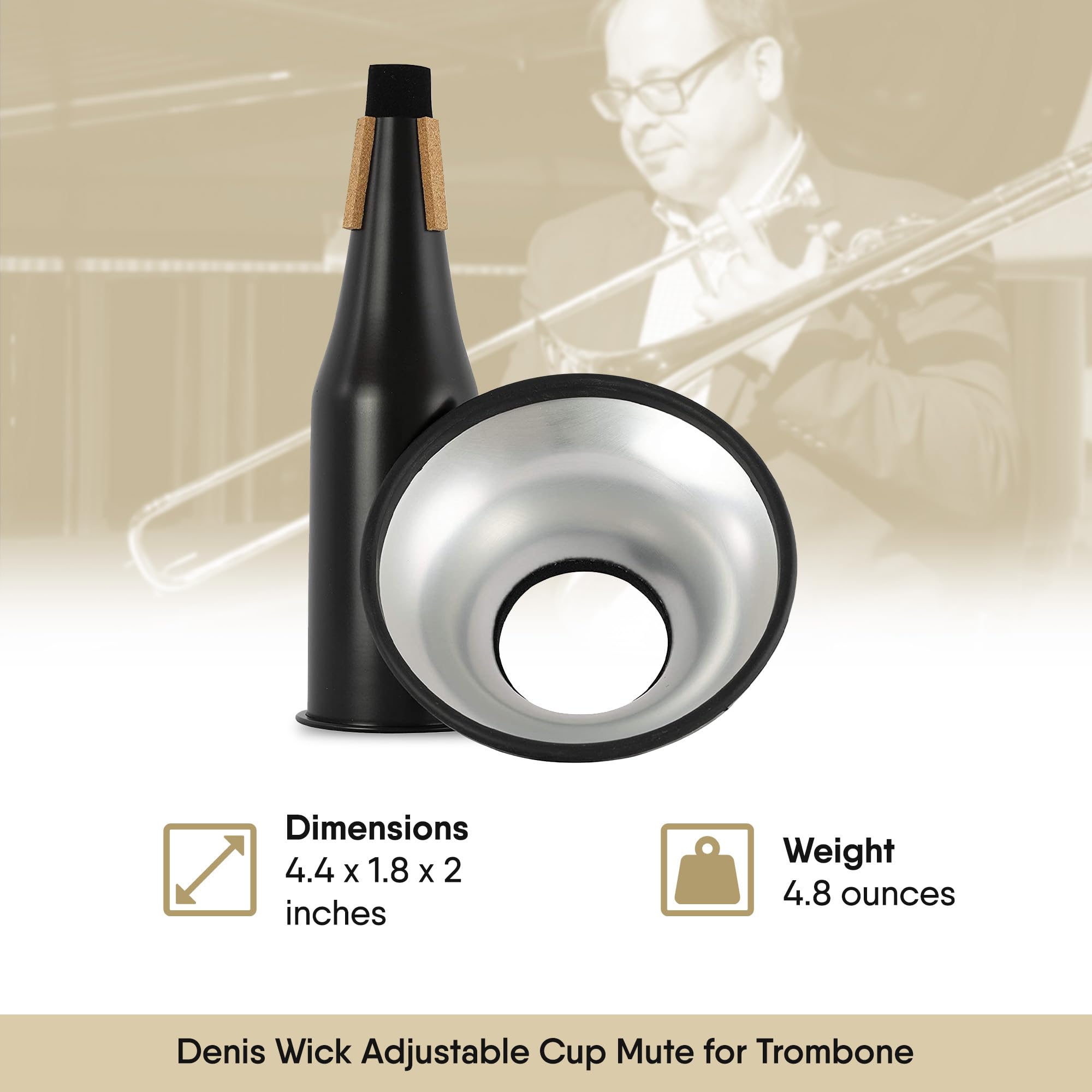 Denis Wick Adjustable Cup Mute for Bass Trombone, 5533 - Hand-Spun Aluminum Mute and Adjustable Cup Position for Varied Tone - Ideal for Practice, Performance & Recording - 11.81 x 9.45 x 9.45 Inches