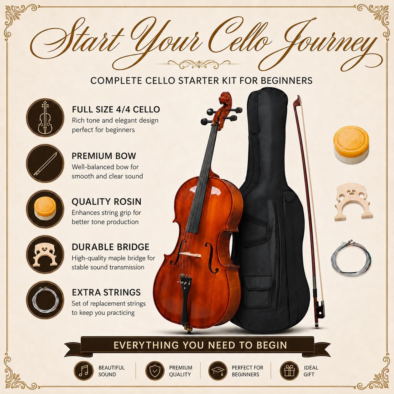 Cello 4/4 Full Size, Beginner Cello Instrument for Adults, Acoustic Cello Set with Padded Bag, Extra Strings, Bridge, Bow & Rosin – for Lessons, Home Practice & School Orchestra, Matte Natural