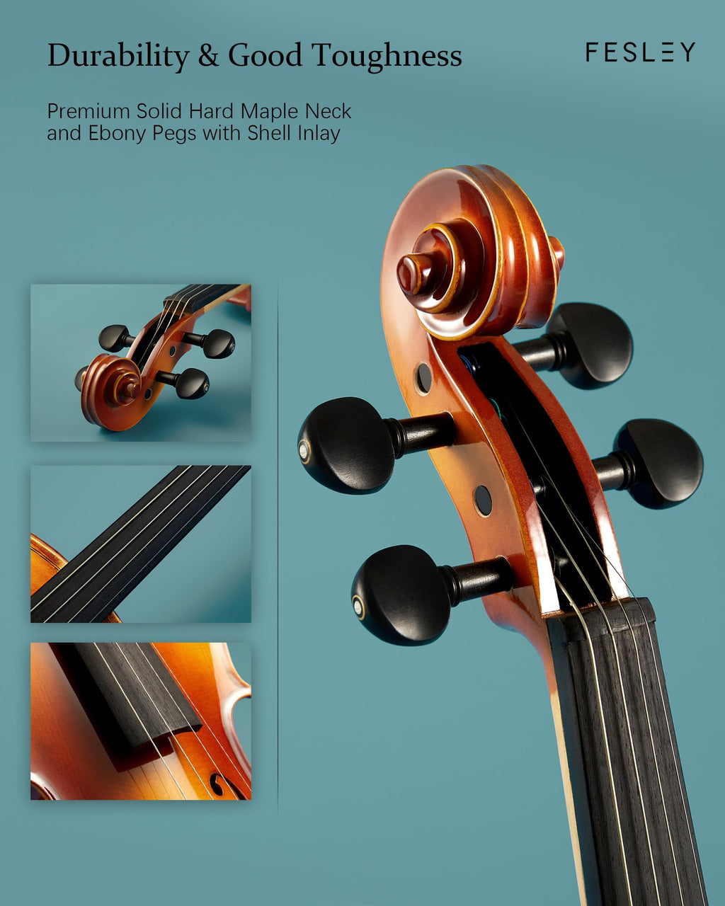 Fesley 4/4 Beginner Violin Kit for Adults & Teens, Full Size Acoustic Violin Set with Hard Case, Bow, Shoulder Rest, Digital Tuner & Extra Strings, Handmade Solid Wood Student Violin