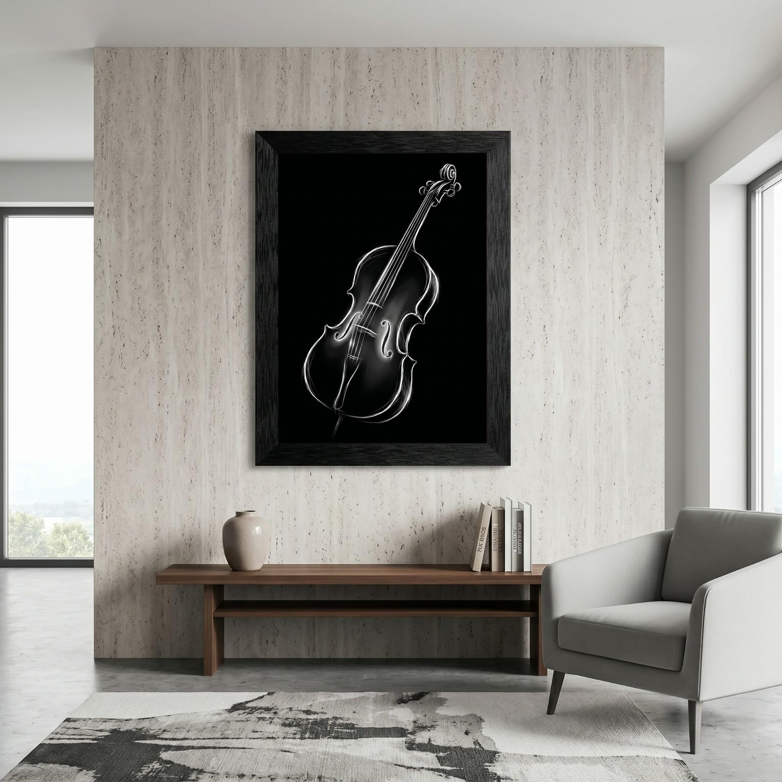 Framed Canvas Wall Art Minimalist Abstract Cello Musical Instrument Electric White Glowing Lines on Black Canvas Print Poster Black Frame Wall Decor for Music Room Studio Modern Art, Inch 24x36