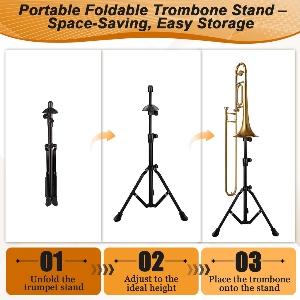 Ngdiluxury Trombone Stand, Adjustable Heavy Duty Matte Black Metal Trombone Holder with Foldable Tripod Base, Soft Rubber Bell Support & Anti-Slip Feet, Height Adjustable for All Trombone Sizes
