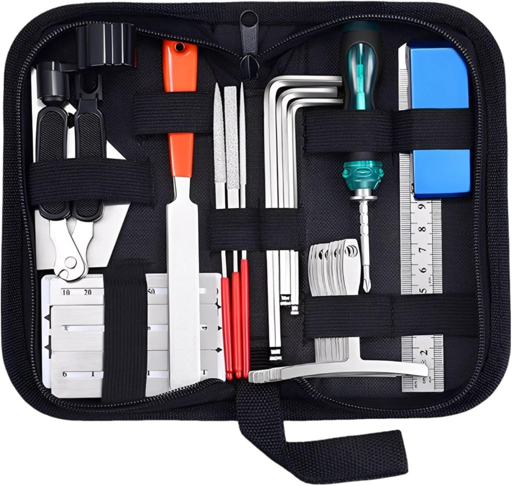 26 Pcs Guitar Tool Kit, Guitar Setup Tool Kit with Nut Files, String Action Gauge, Leveling Ruler, Understring Radius Gauges, Hex Wrench, Guitar Maintenance Kit, Guitar Repair Kit