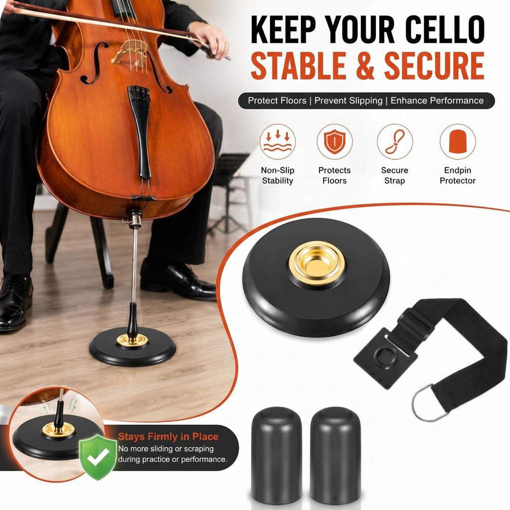Nuanchu 4 Piece Cello Rock Stop with Strap Non Slip Endpin Anchor Set with Floor Mat, Rubber Tip Protectors for Cello Practice and Performance(Black,Plastic,)