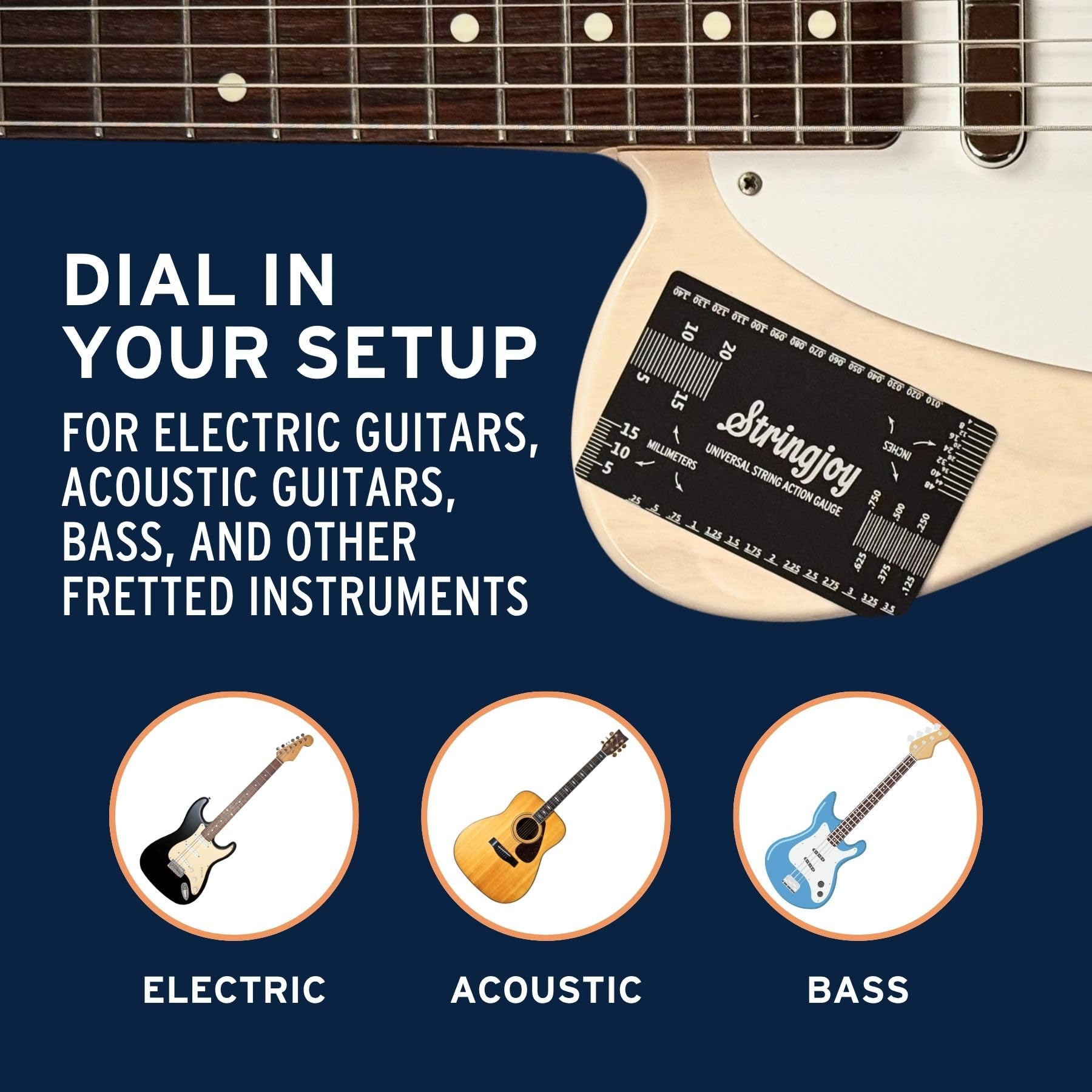 Stringjoy Universal String Action Gauge - Premium Guitar Action Gauge for Acoustic, Electric Guitars & Bass - Durable & Portable, Dual Metric