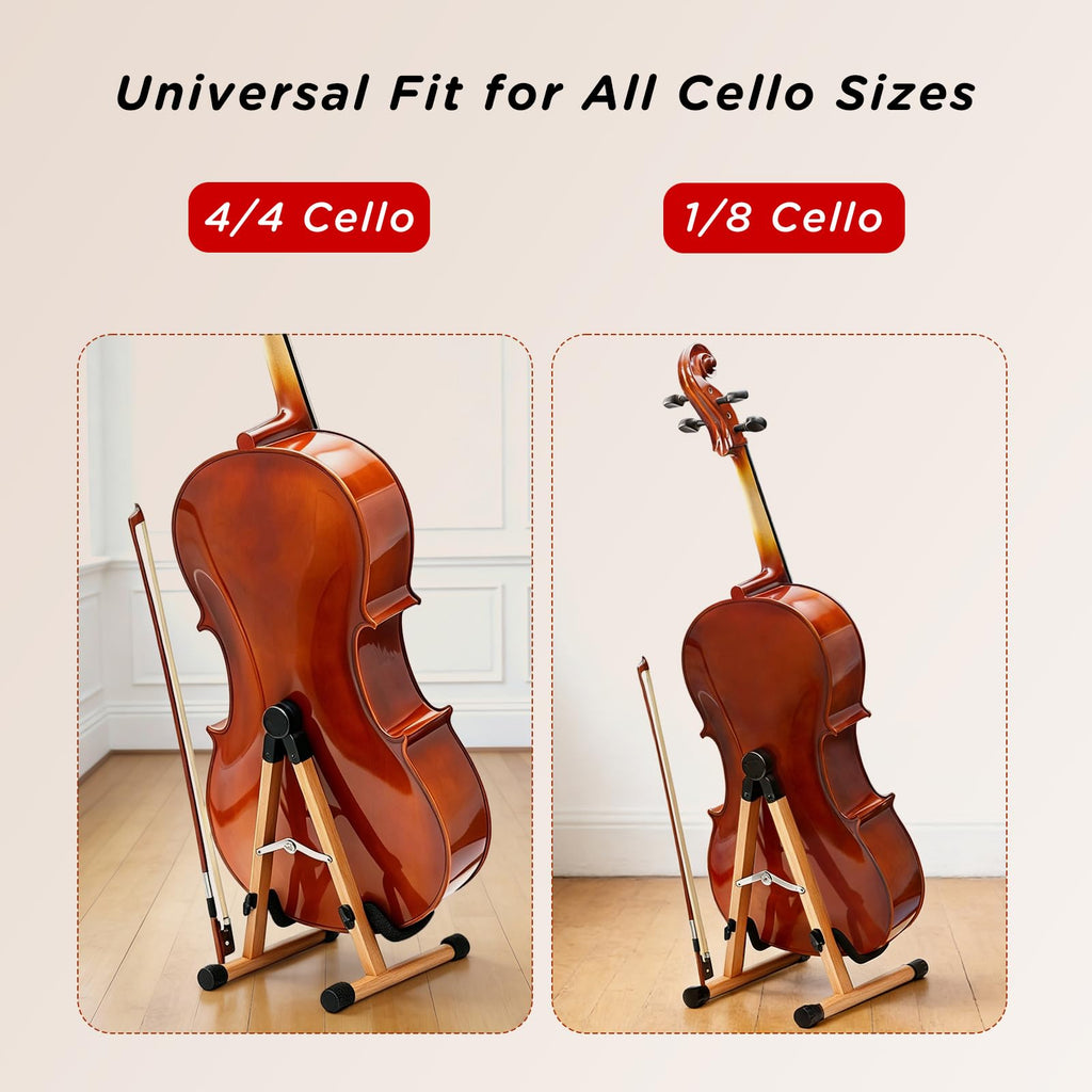 Cello Stand with Bow Holder, Wooden Stand for 1/2, 3/4, 7/8, 4/4 Full-Size, A-Frame Floor Cello Stand with Padded Foam and Non Slip Pad, Cello Display Stand (Black Walnut)