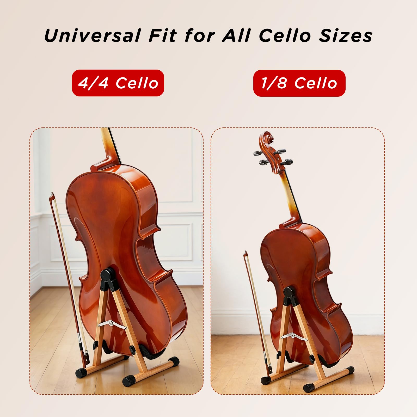 Cello Stand with Bow Holder, Wooden Stand for 1/2, 3/4, 7/8, 4/4 Full-Size, A-Frame Floor Cello Stand with Padded Foam and Non Slip Pad, Cello Display Stand (Black Walnut)