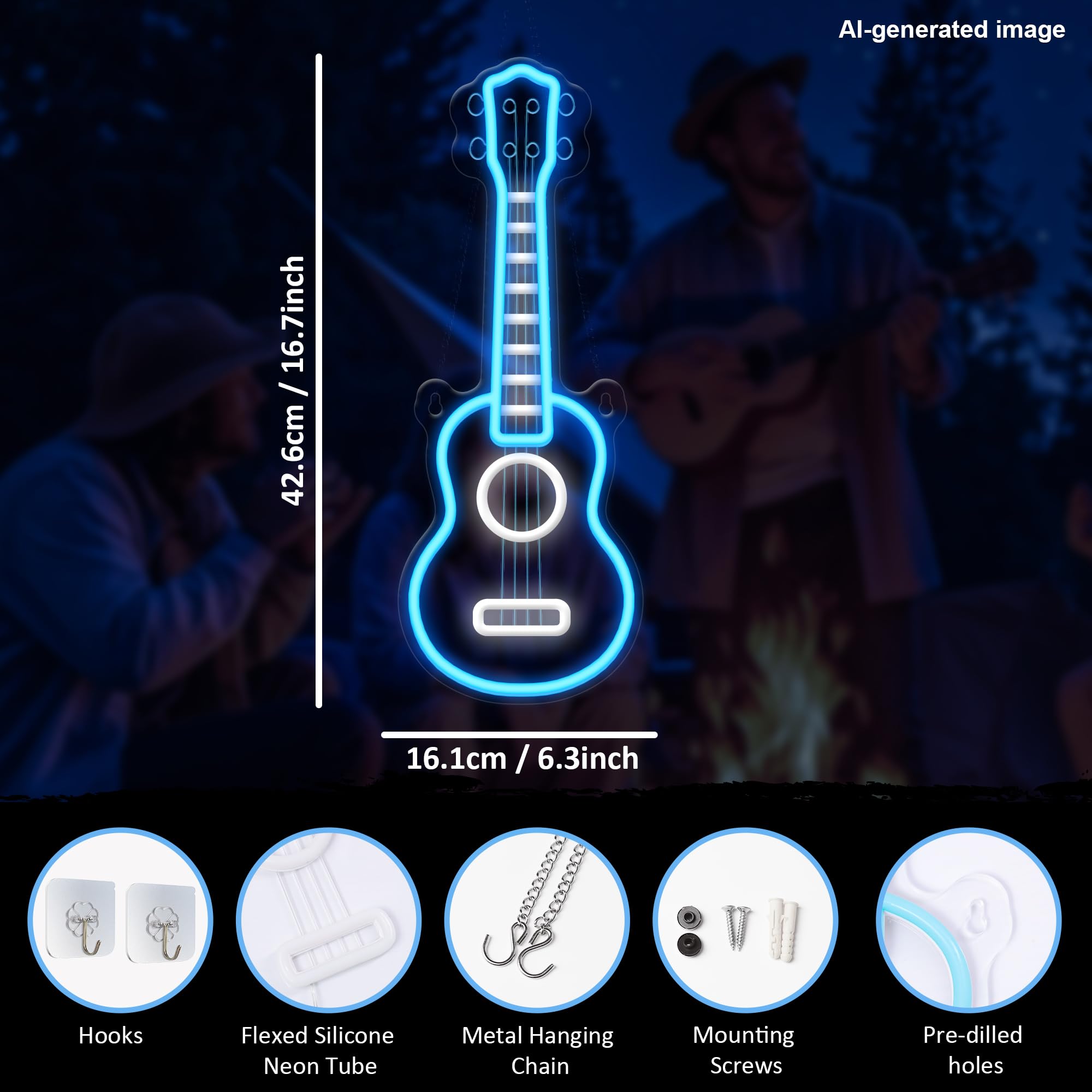 CoolGift Mart Acoustic Guitar Neon Light, Dimmable LED Guitar Neon Wall Sign USB Powered, Decorations for Bedroom Living Room Man Cave Music Studio, Gift for Guitar Players Guitarists Music Lovers