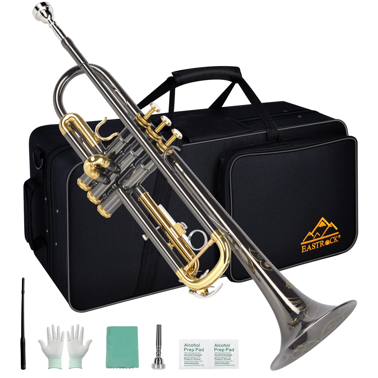 EASTROCK Bb Trumpet Standard Trumpet Set with Carrying Case,Gloves, 7C Mouthpiece, Tuning Rod, Black Nickel,Hand Carved Craft