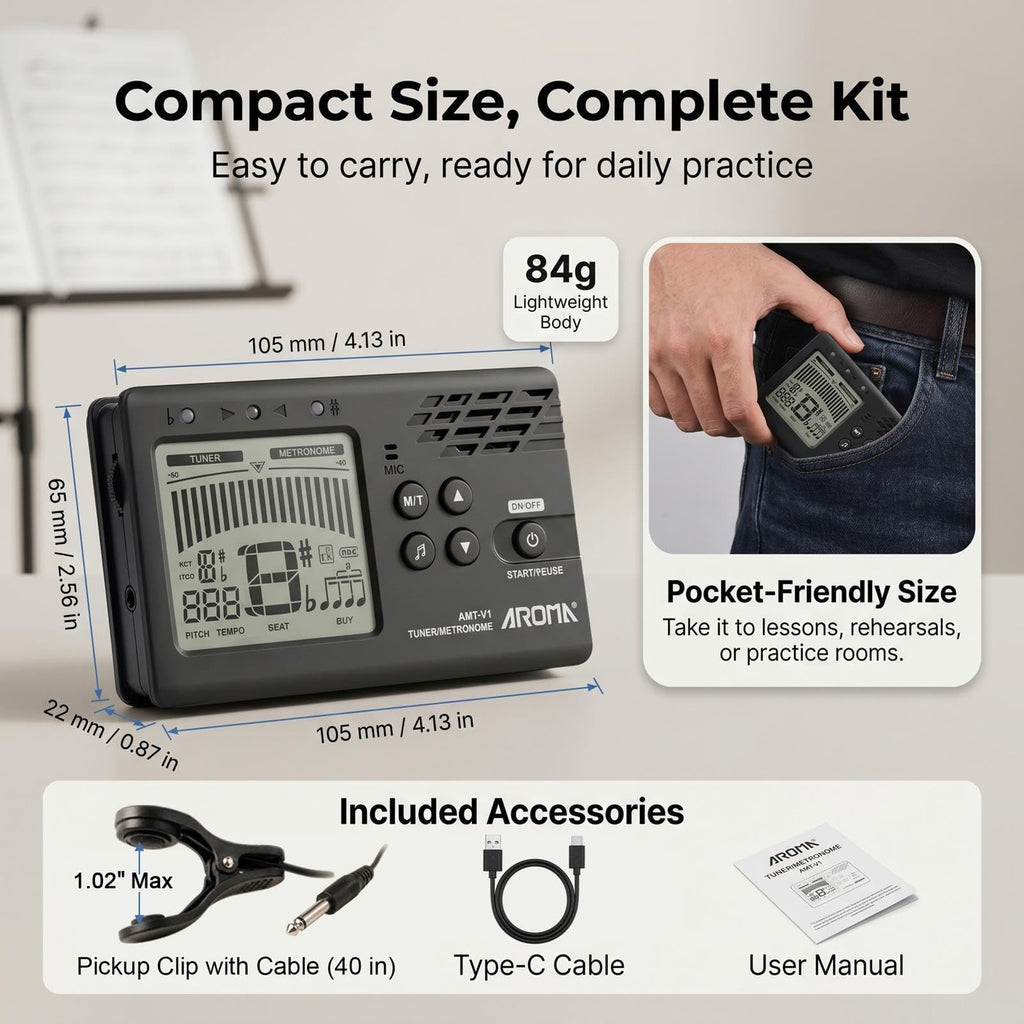 Ulumac Aroma 3-in-1 Digital Metronome Tuner for Guitar, Bass, Violin, Piano | For All Instruments - Ukulele, Trumpet, Flute, Clarinet - Accurate Chromatic Tuner, Tone Generator, Easy to Use, Pocket Size
