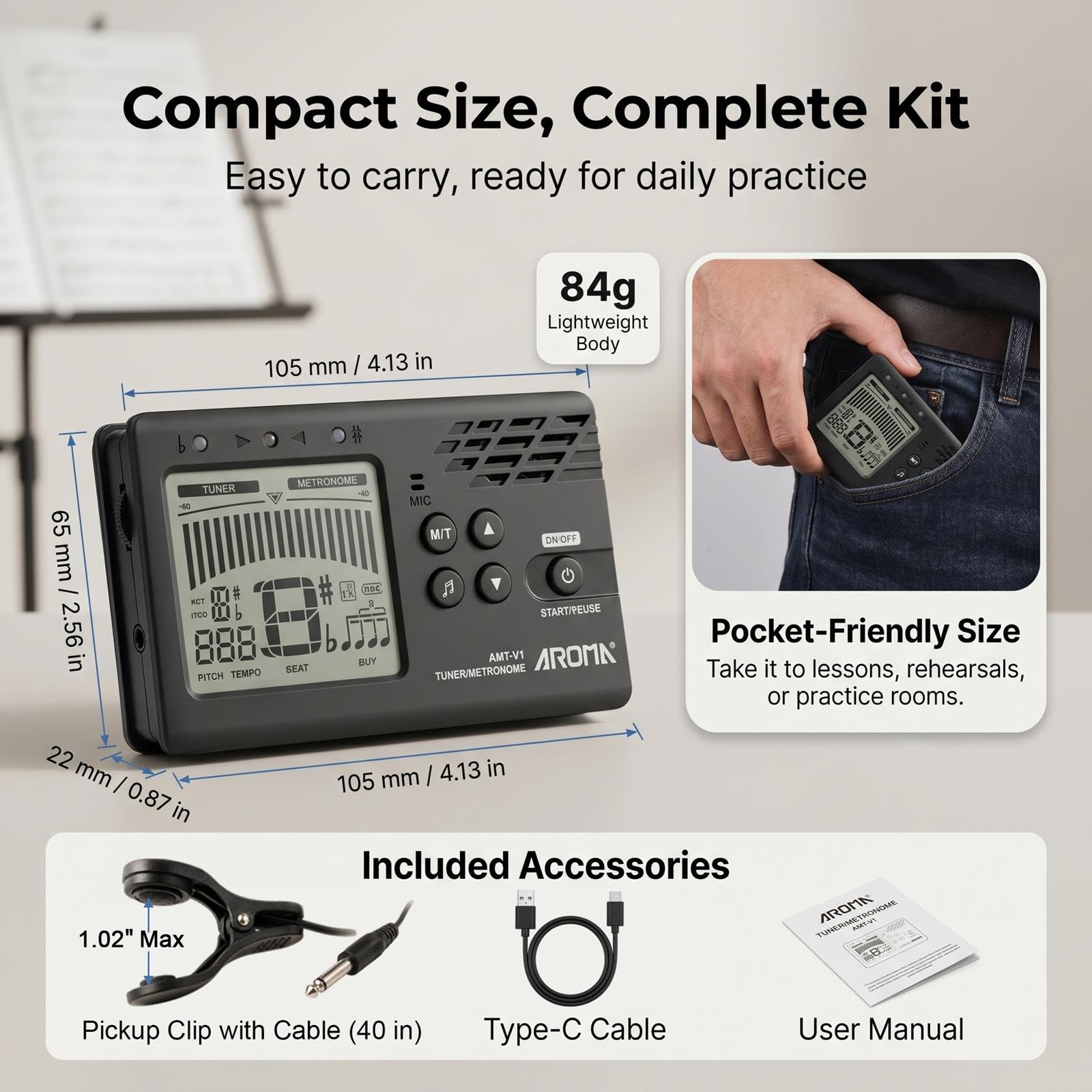 Ulumac Aroma 3-in-1 Digital Metronome Tuner for Guitar, Bass, Violin, Piano | For All Instruments - Ukulele, Trumpet, Flute, Clarinet - Accurate Chromatic Tuner, Tone Generator, Easy to Use, Pocket Size